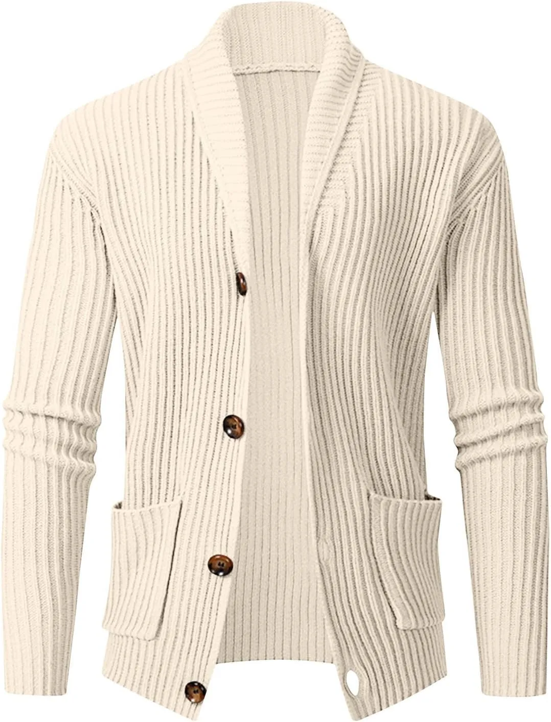 Men's Cardigan Sweaters Shawl Collar Cardigan Ribbed Long Sleeve Sweater Button Down Sweaters with Two Front Pockets