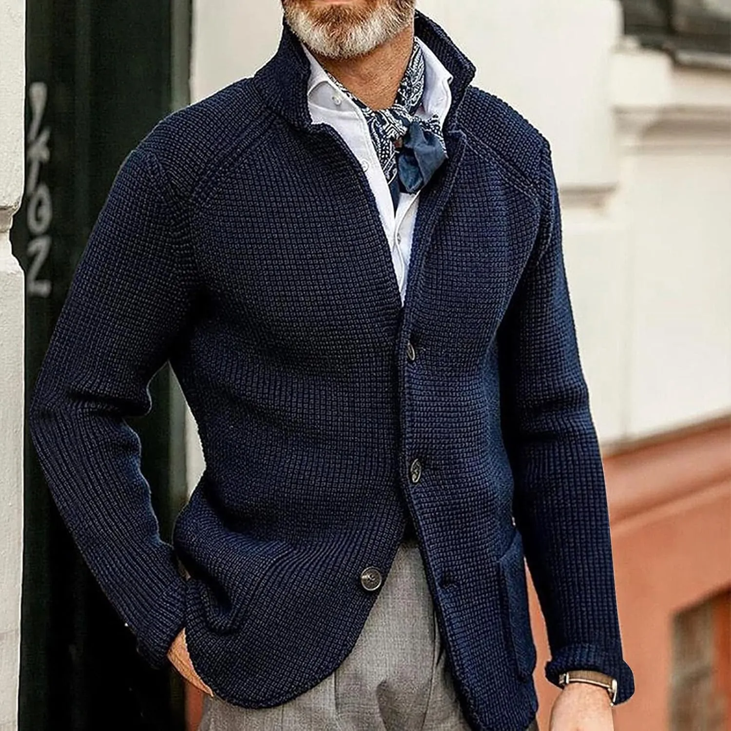 Men's Cardigan Sweaters with Buttons Cable Knit Lapel Open Front Cardigan Solid Ribbed Collared Work Cardigan Sweaters