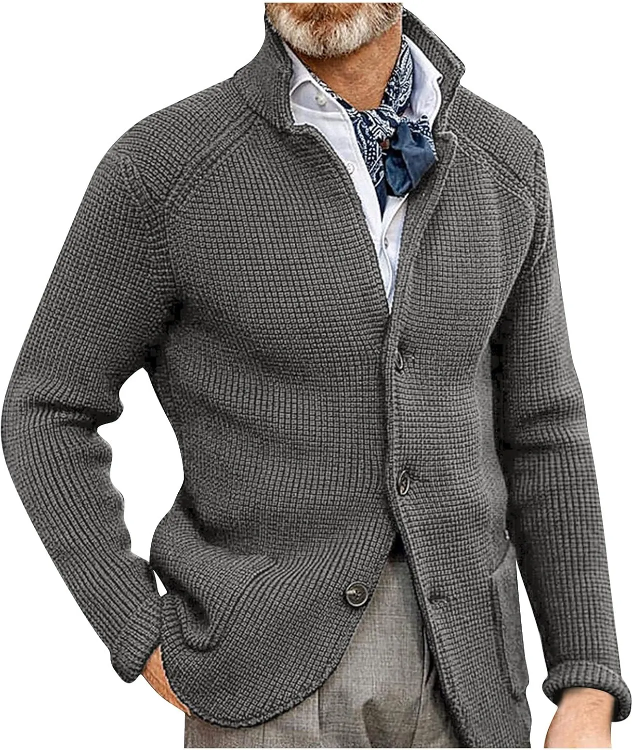 Men's Cardigan Sweaters with Buttons Cable Knit Lapel Open Front Cardigan Solid Ribbed Collared Work Cardigan Sweaters