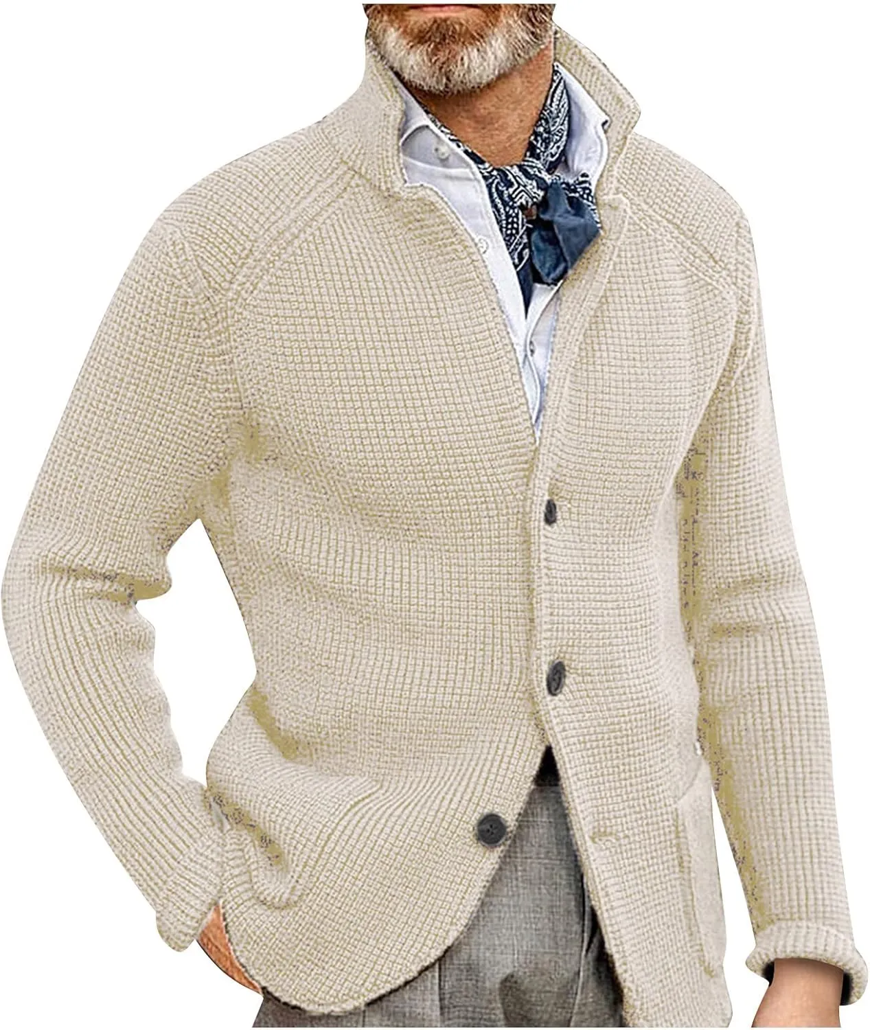 Men's Cardigan Sweaters with Buttons Cable Knit Lapel Open Front Cardigan Solid Ribbed Collared Work Cardigan Sweaters