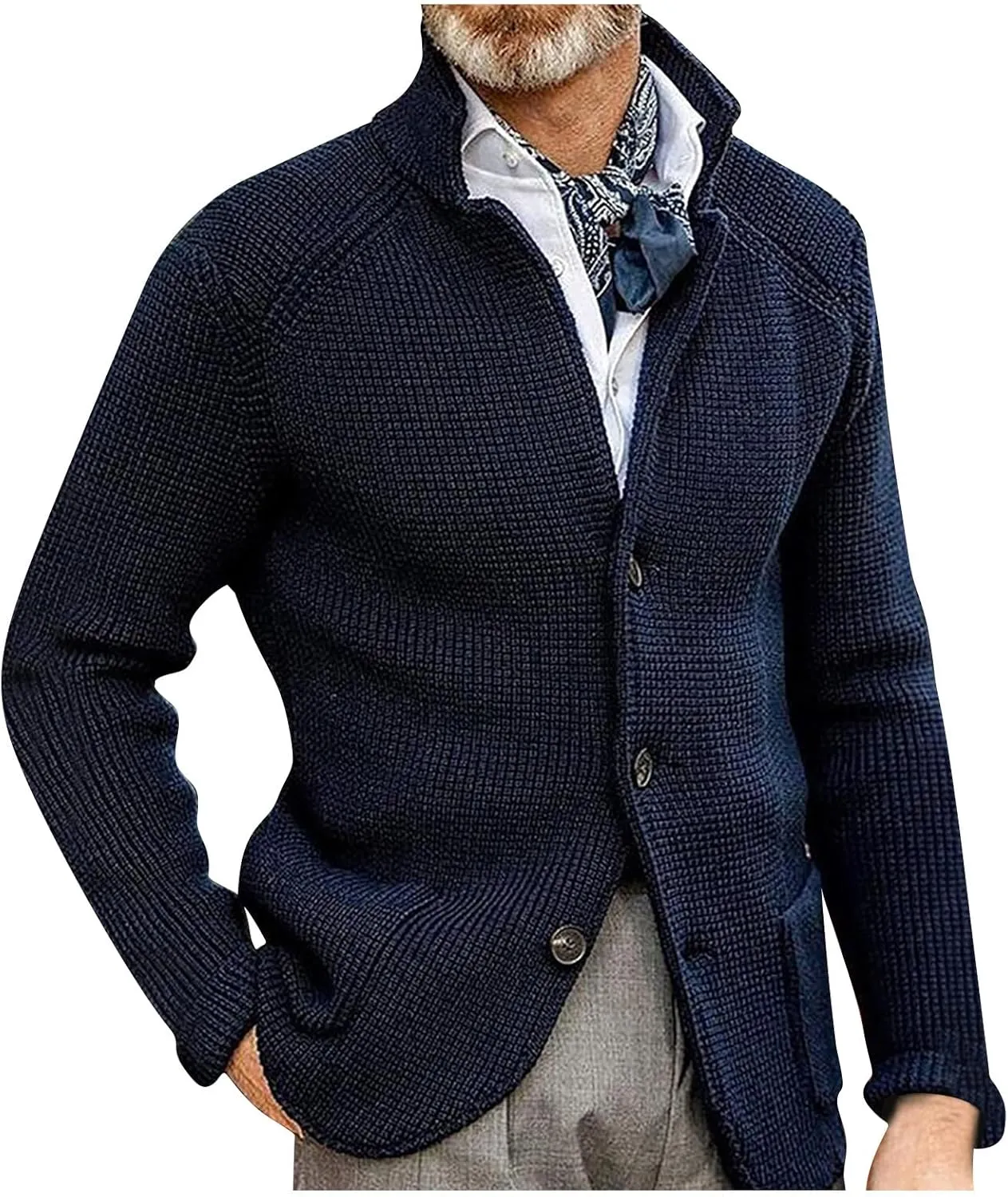 Men's Cardigan Sweaters with Buttons Cable Knit Lapel Open Front Cardigan Solid Ribbed Collared Work Cardigan Sweaters