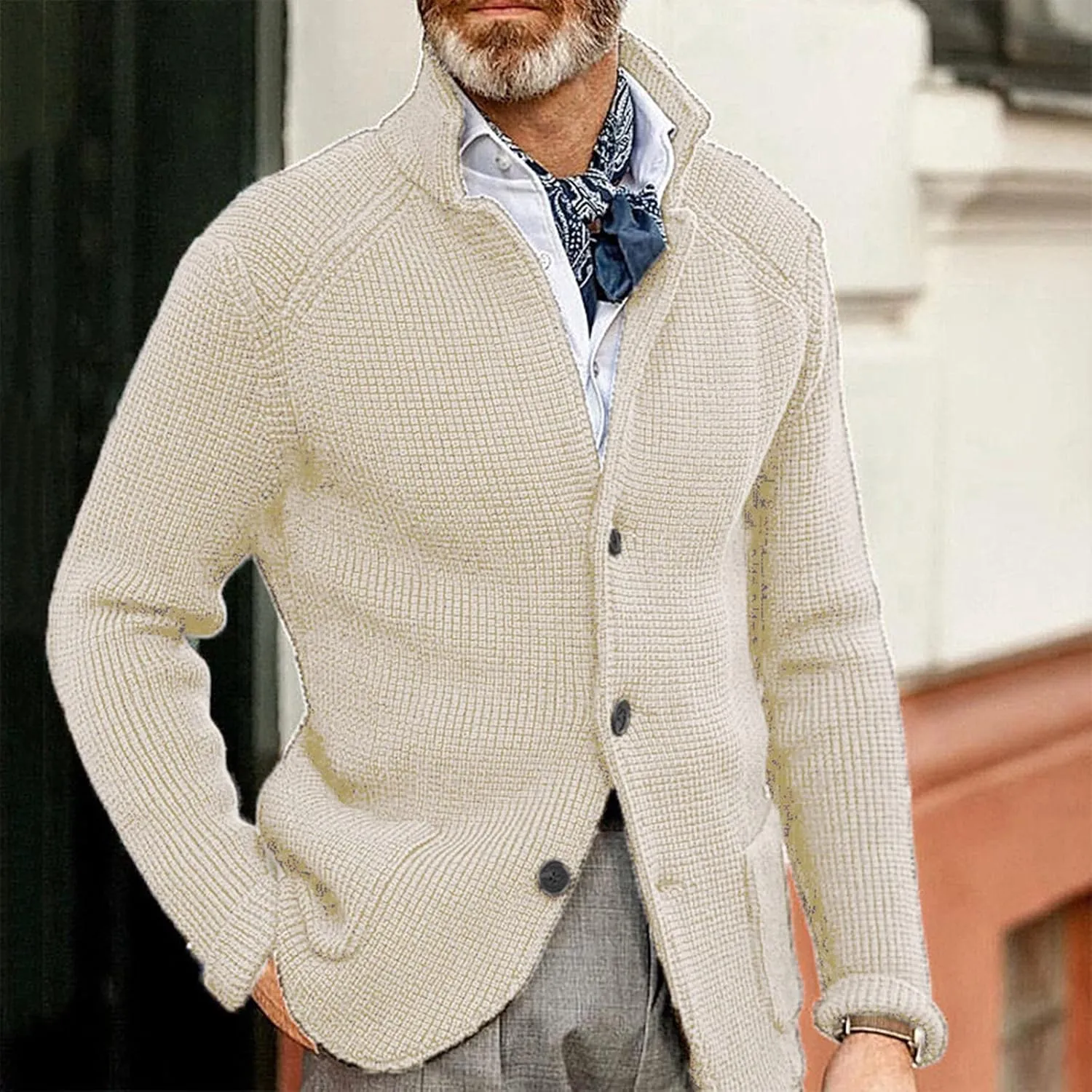 Men's Cardigan Sweaters with Buttons Cable Knit Lapel Open Front Cardigan Solid Ribbed Collared Work Cardigan Sweaters