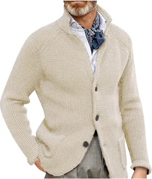 Men's Cardigan Sweaters with Buttons Cable Knit Lapel Open Front Cardigan Solid Ribbed Collared Work Cardigan Sweaters