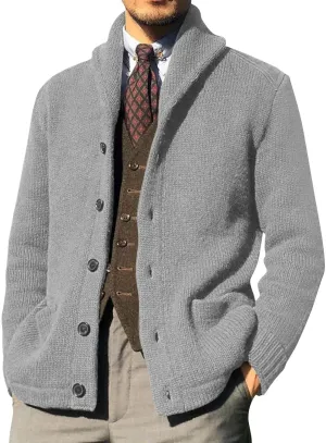 Mens Cardigan Sweaters with Buttons Winter Warm Ribbed Chunky Knitted Sweaters Slim Shawl Collar Jackets with Pockets
