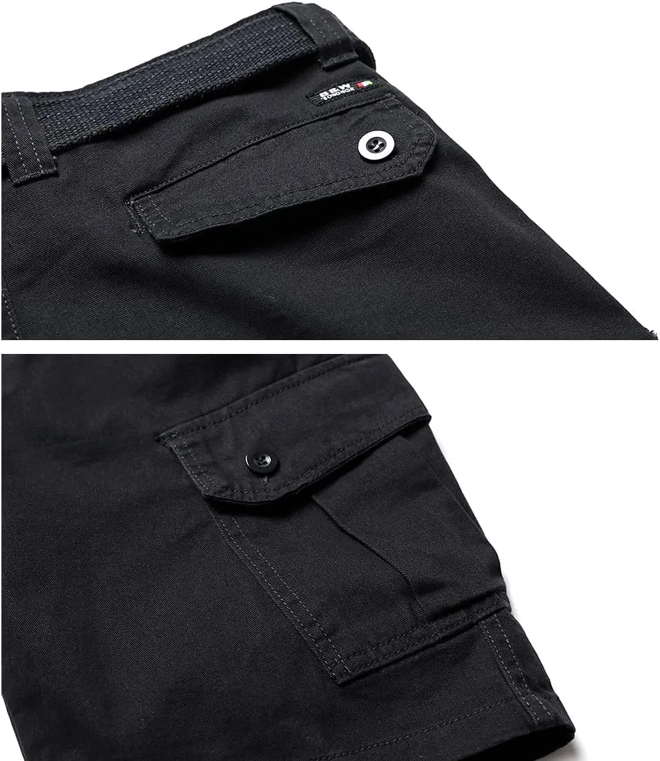 Men's Cargo Shorts Cotton Casual Shorts Multi-Pockets Outdoor Shorts Elastic Waist Work Shorts with Belt