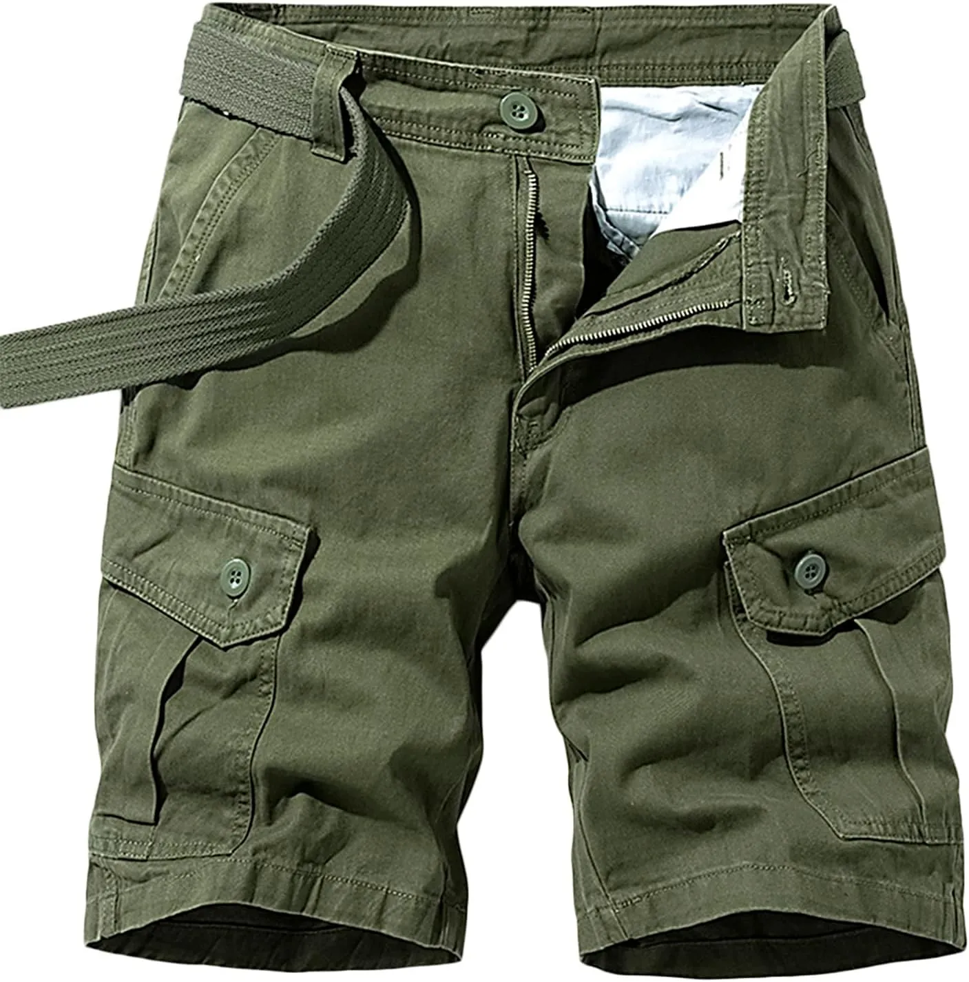 Men's Cargo Shorts Cotton Casual Shorts Multi-Pockets Outdoor Shorts Elastic Waist Work Shorts with Belt