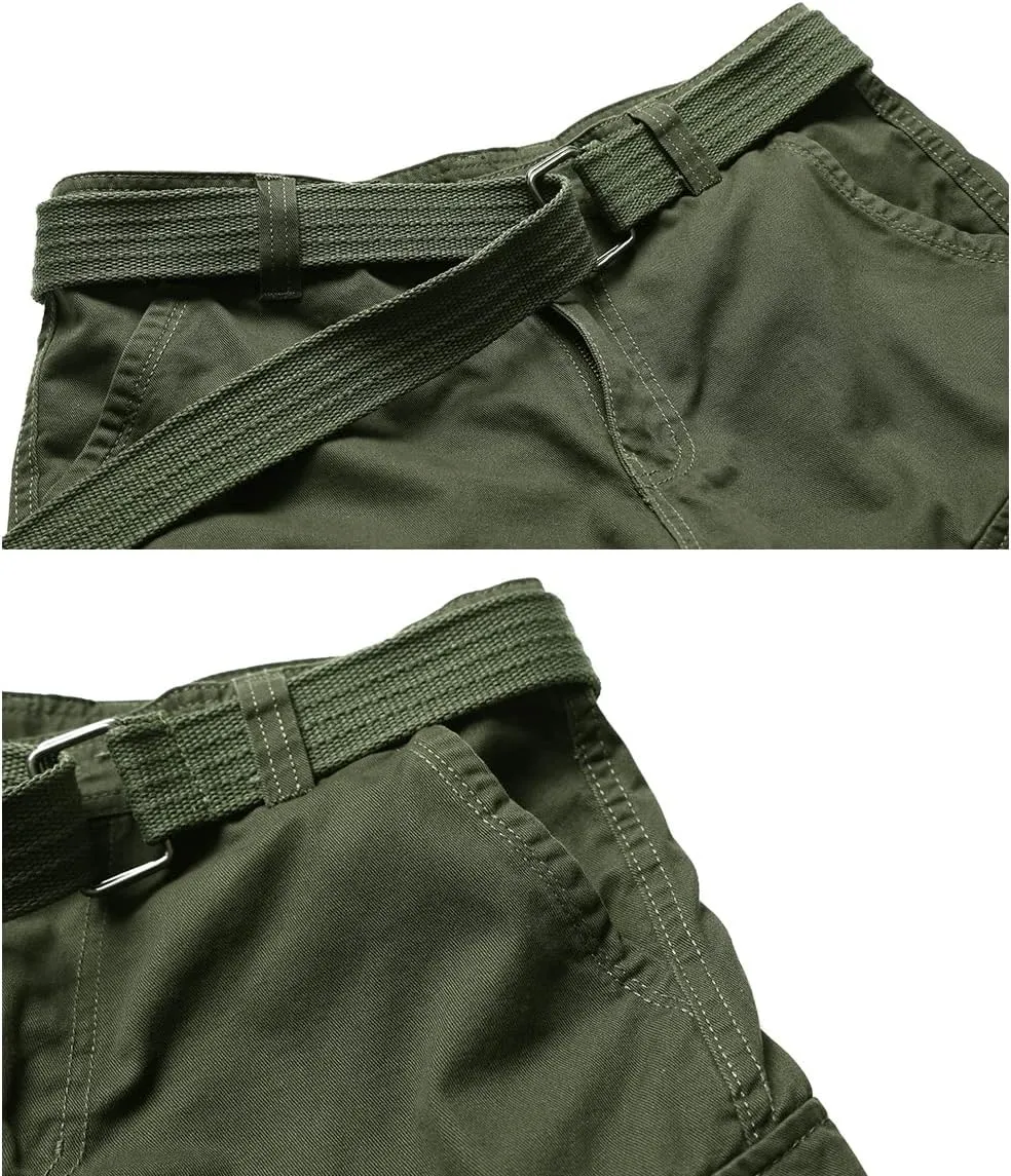 Men's Cargo Shorts Cotton Casual Shorts Multi-Pockets Outdoor Shorts Elastic Waist Work Shorts with Belt