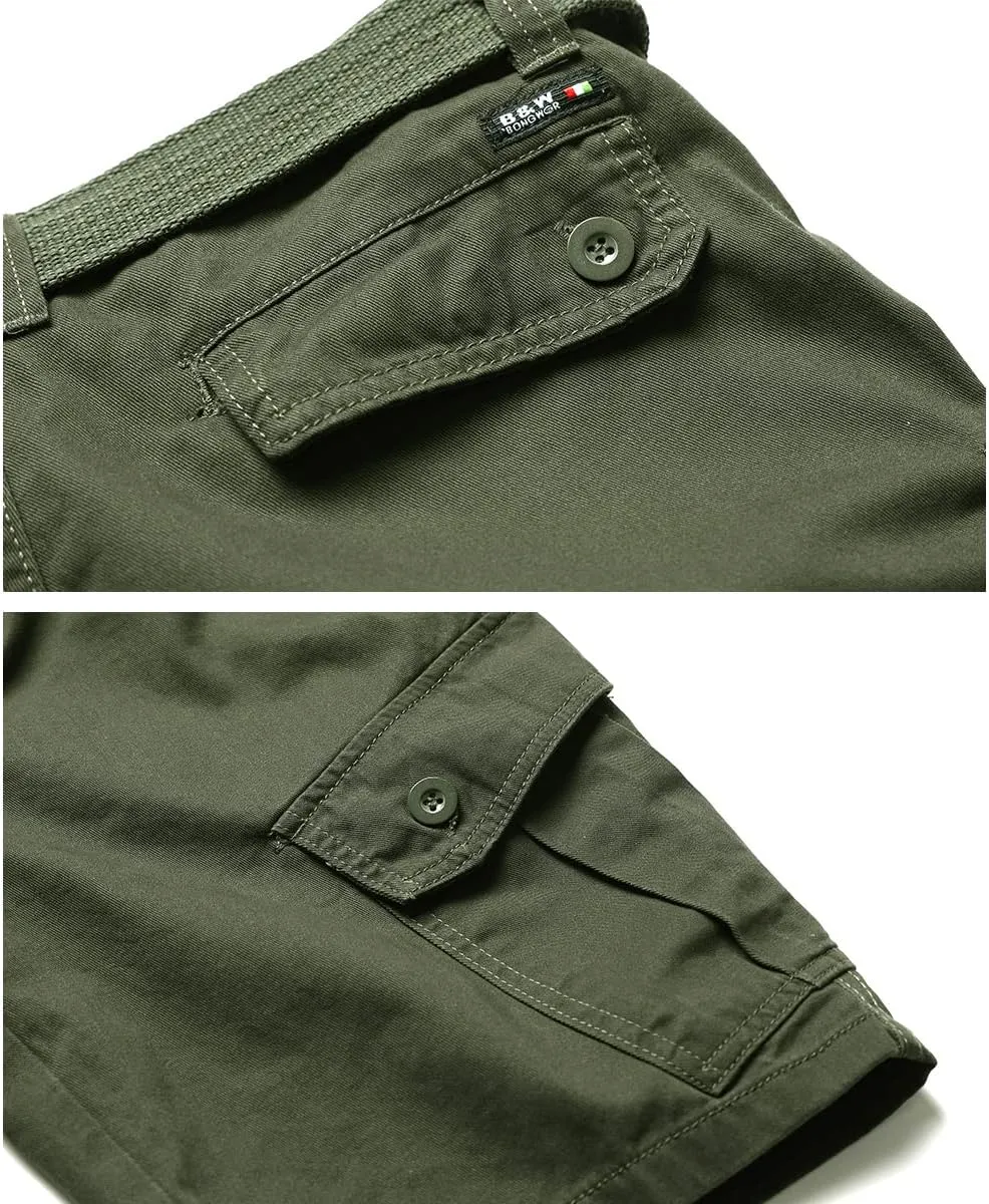 Men's Cargo Shorts Cotton Casual Shorts Multi-Pockets Outdoor Shorts Elastic Waist Work Shorts with Belt