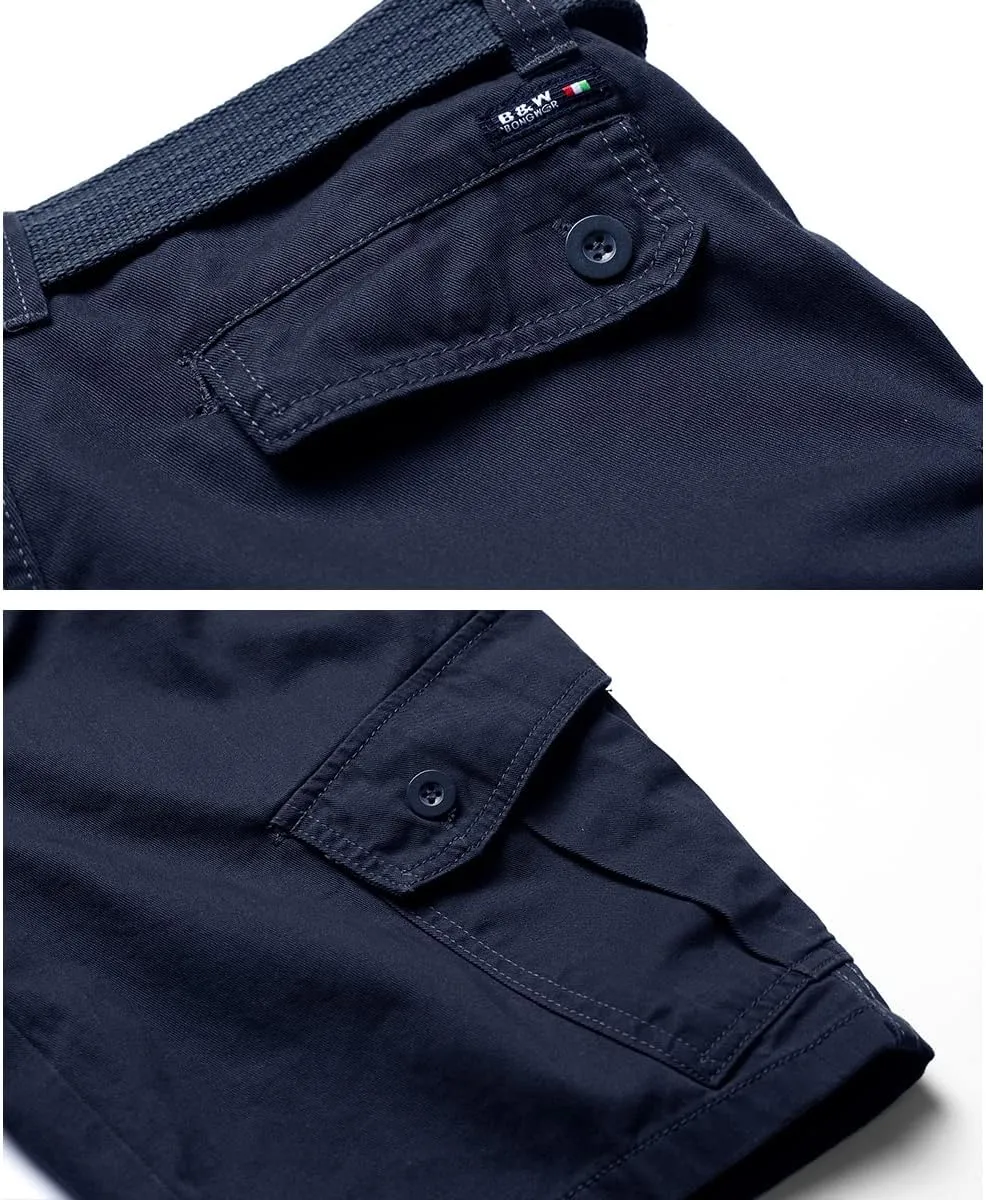 Men's Cargo Shorts Cotton Casual Shorts Multi-Pockets Outdoor Shorts Elastic Waist Work Shorts with Belt