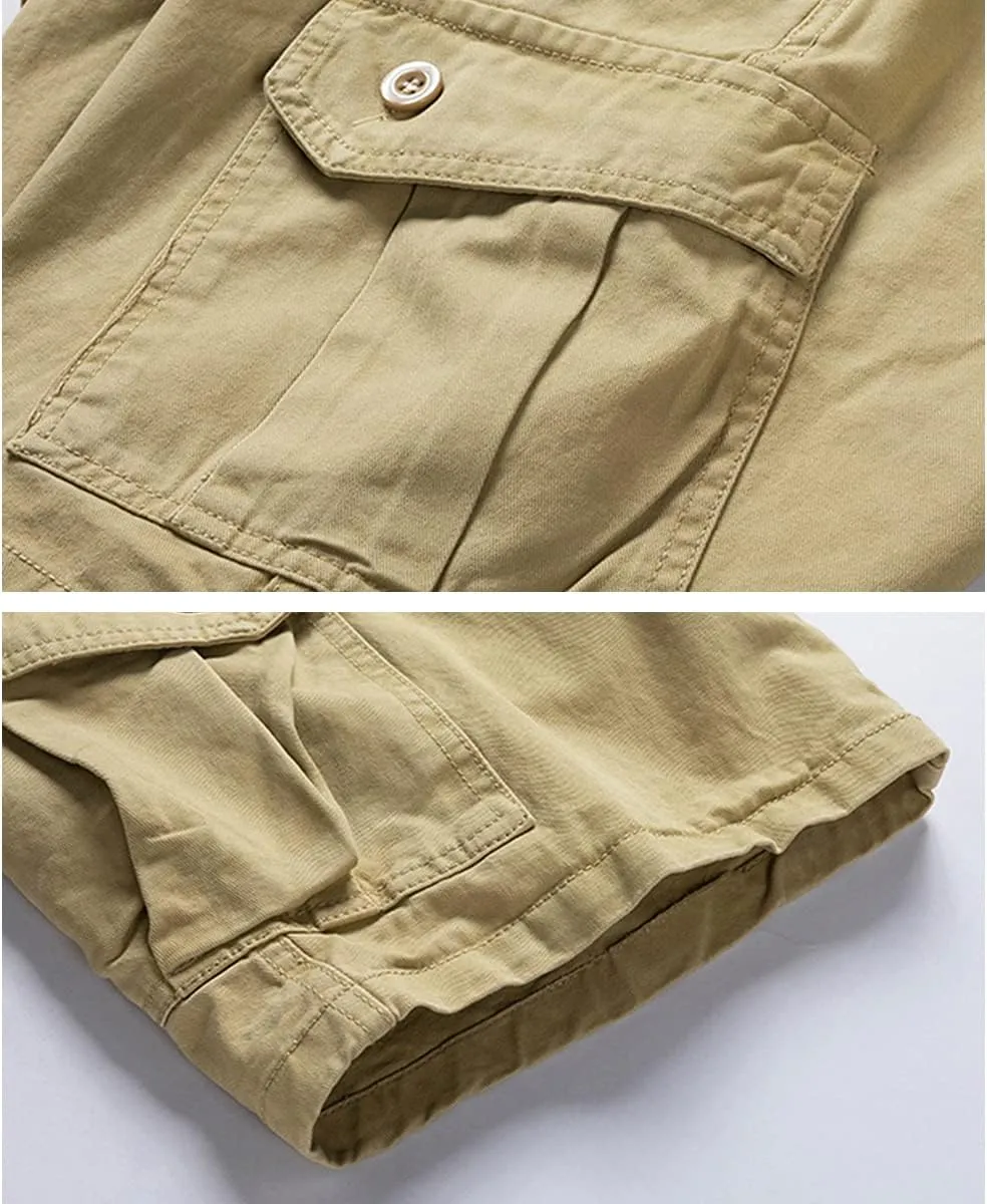Men's Cargo Shorts Cotton Casual Shorts Multi-Pockets Outdoor Shorts Elastic Waist Work Shorts with Belt