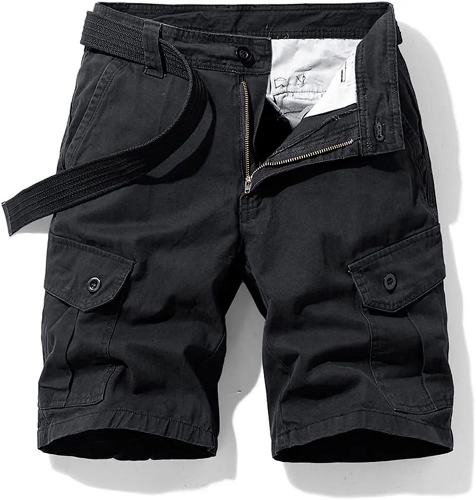 Men's Cargo Shorts Cotton Casual Shorts Multi-Pockets Outdoor Shorts Elastic Waist Work Shorts with Belt