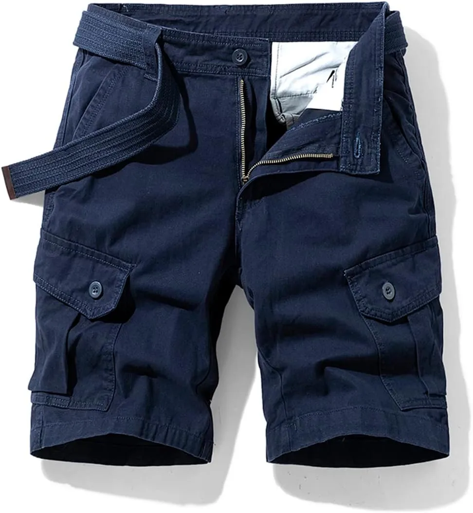Men's Cargo Shorts Cotton Casual Shorts Multi-Pockets Outdoor Shorts Elastic Waist Work Shorts with Belt