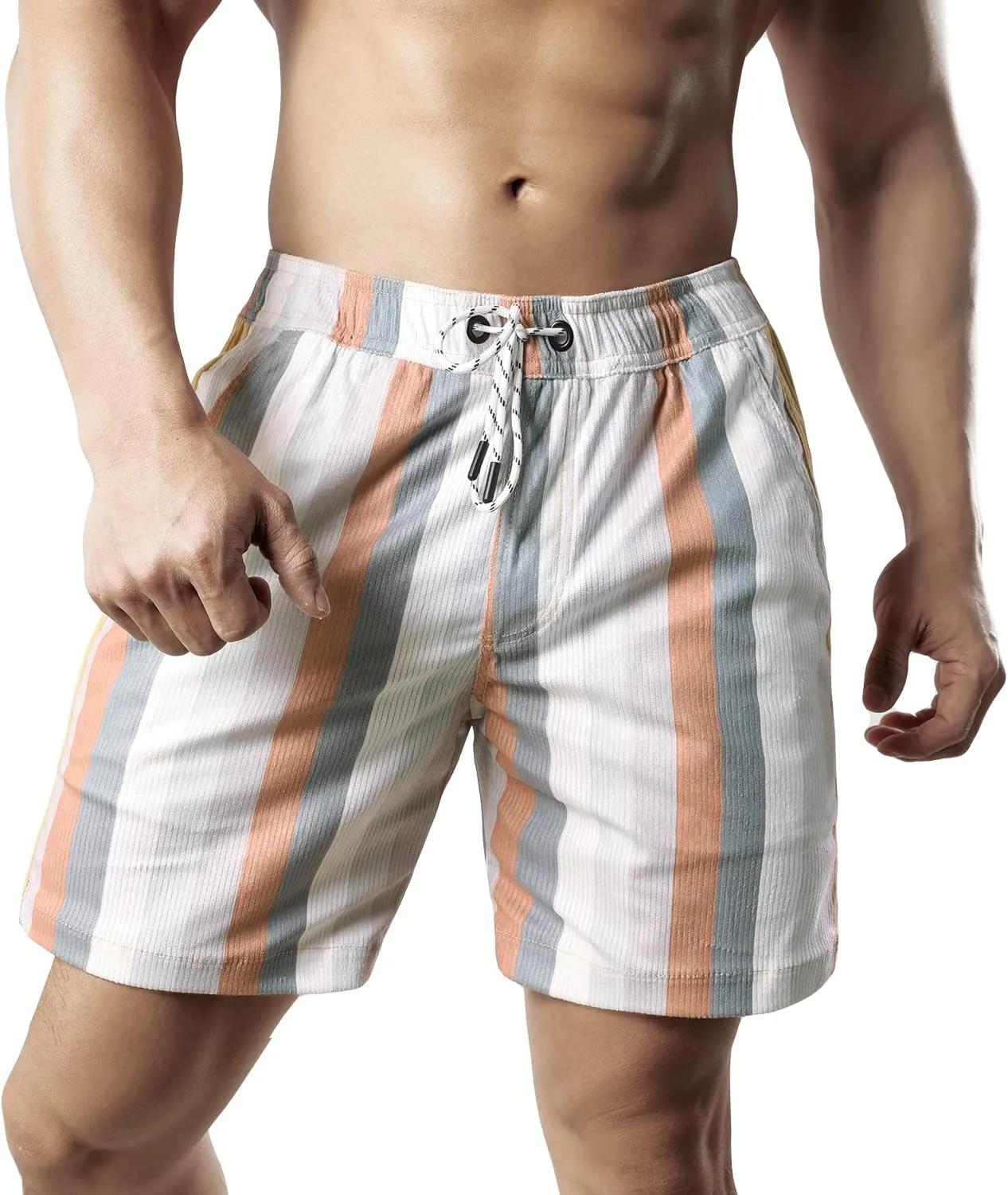 Men's Casual Drawstring Corduroy Shorts Elastic Waist Summer Shorts with Pocket