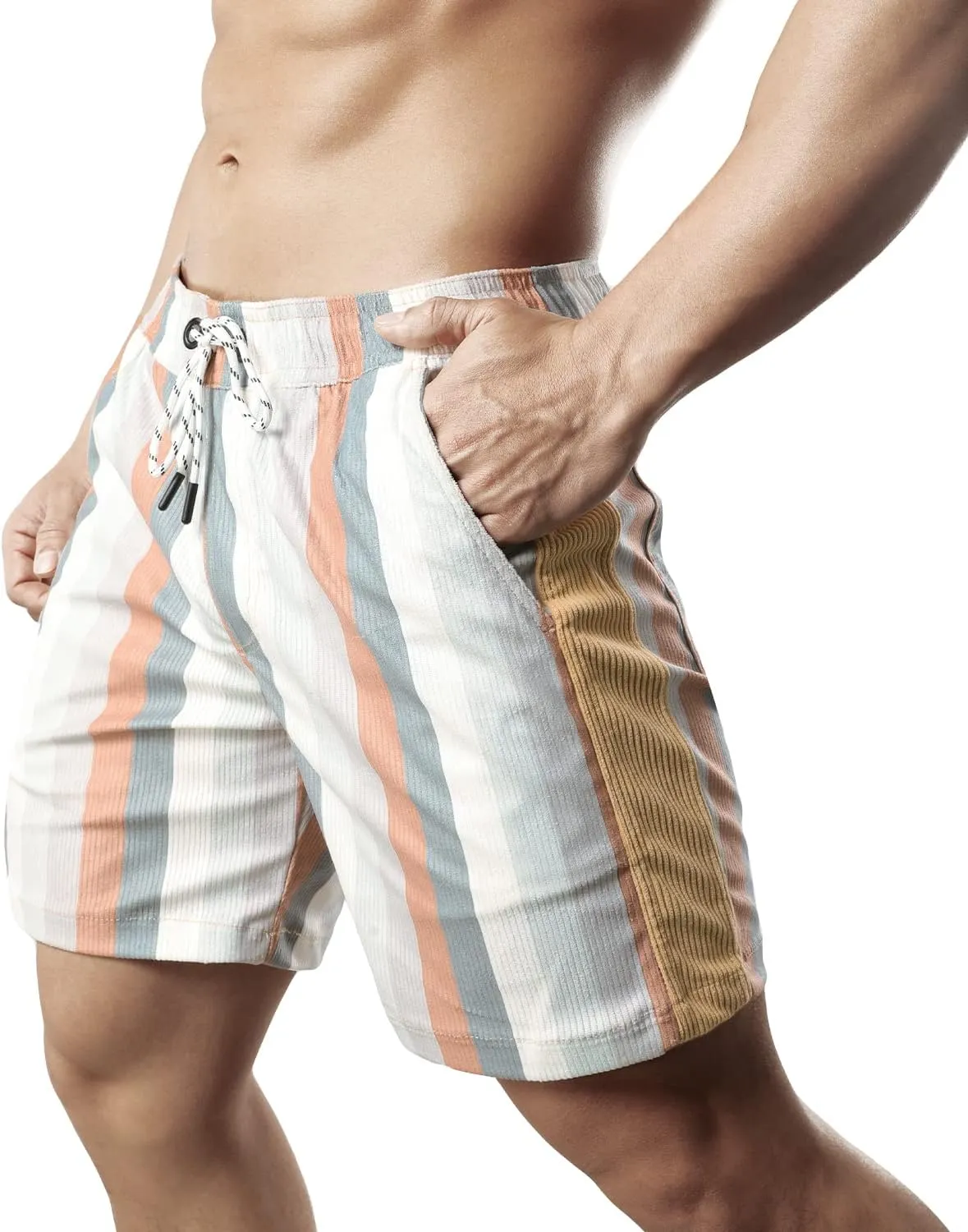 Men's Casual Drawstring Corduroy Shorts Elastic Waist Summer Shorts with Pocket