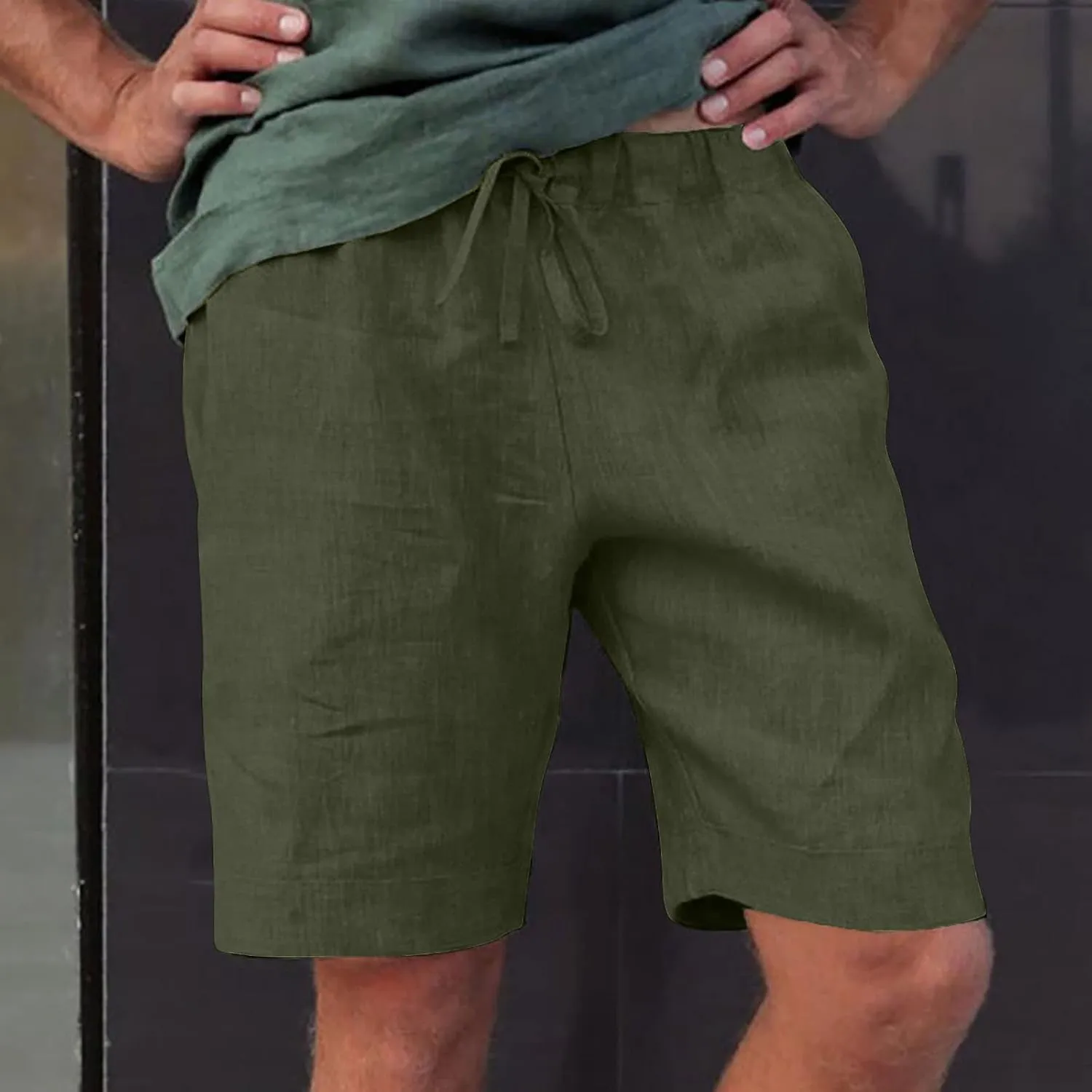 Mens Casual Linen Shorts Cotton Drawstring Stretch Summer Beach Shorts Relaxed Fit Outdoor Pants Lounge Shorts