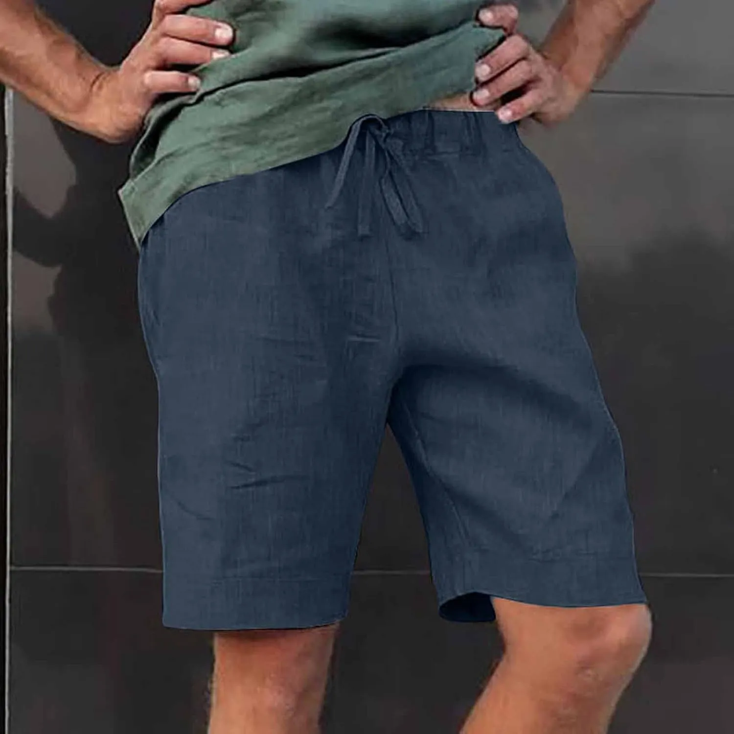 Mens Casual Linen Shorts Cotton Drawstring Stretch Summer Beach Shorts Relaxed Fit Outdoor Pants Lounge Shorts