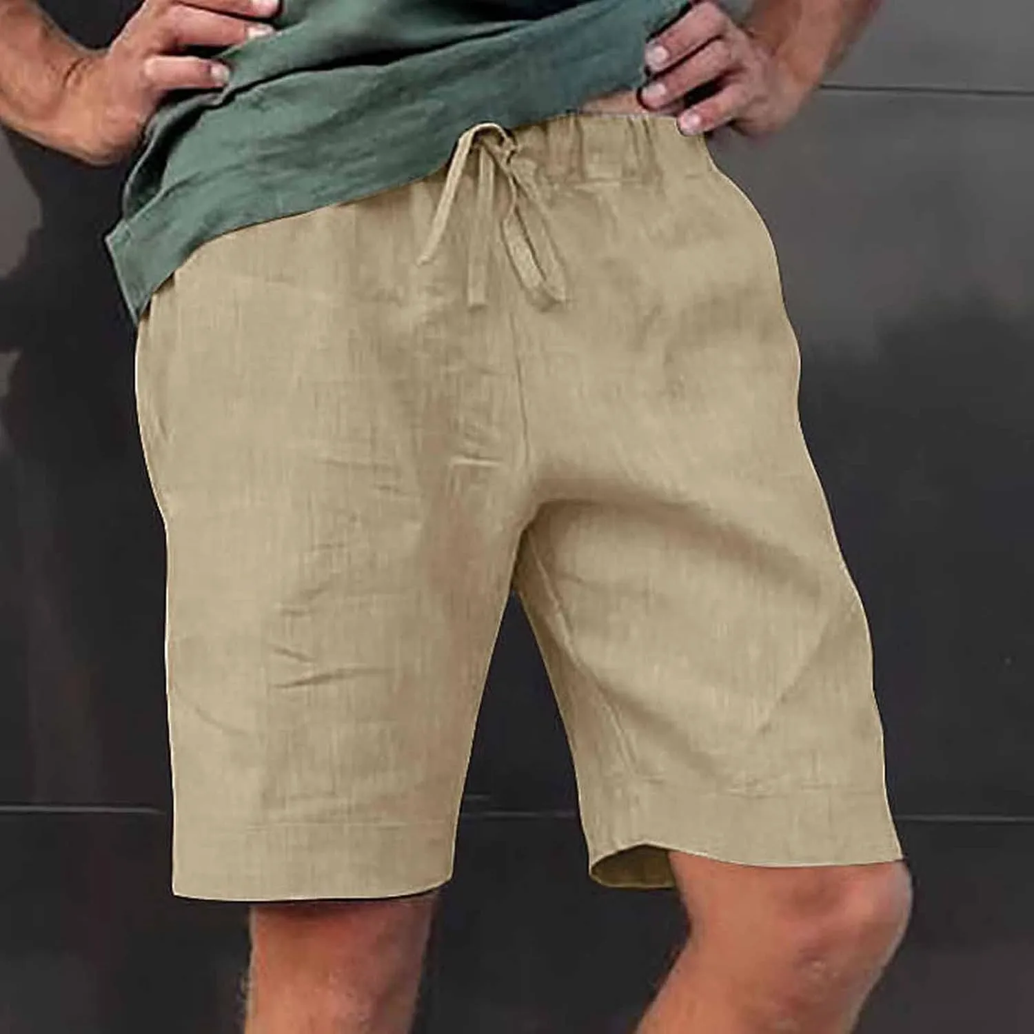 Mens Casual Linen Shorts Cotton Drawstring Stretch Summer Beach Shorts Relaxed Fit Outdoor Pants Lounge Shorts