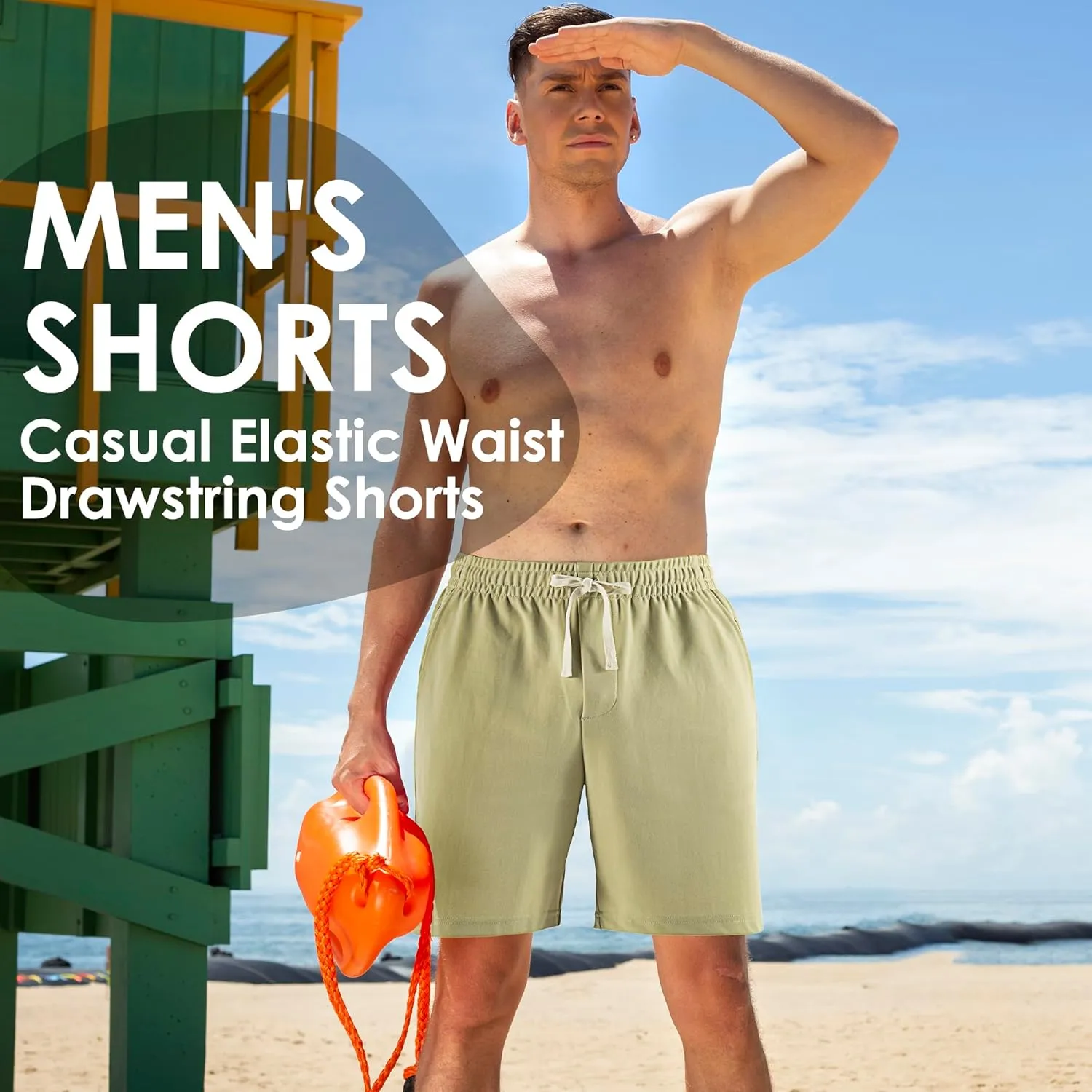 Men's Casual Shorts Elastic Waist Drawstring Lightweight Outdoor Summer Beach Shorts with Pockets Hiking Shorts
