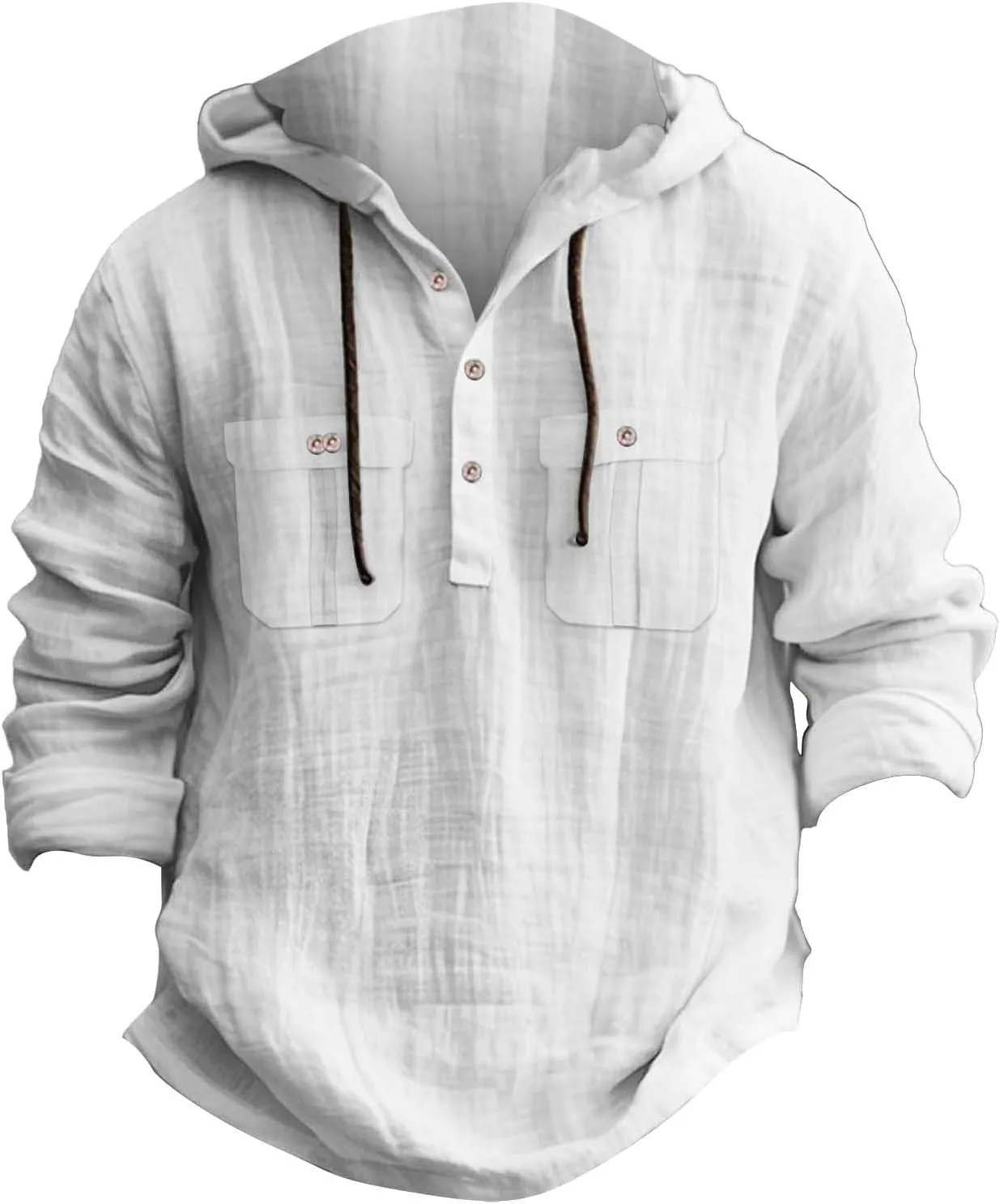 Men's Cotton Linen Shirts Lightweight Lace Up Long Sleeve Hoodies Summer Casual V Neck T Shirt Thin Breathable Tees