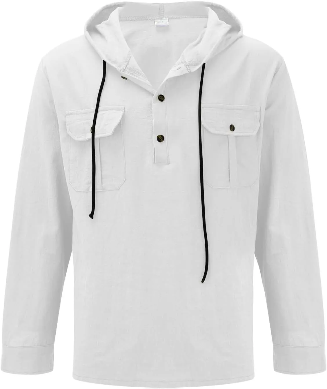 Men's Cotton Linen Shirts Lightweight Lace Up Long Sleeve Hoodies Summer Casual V Neck T Shirt Thin Breathable Tees