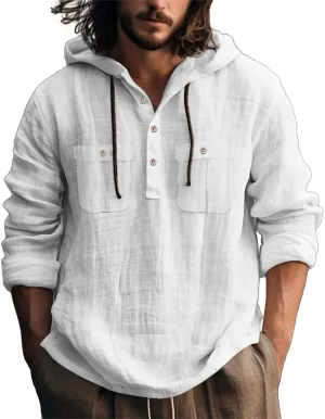 Men's Cotton Linen Shirts Lightweight Lace Up Long Sleeve Hoodies Summer Casual V Neck T Shirt Thin Breathable Tees