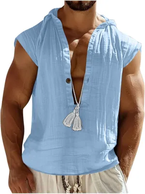 Men's Cotton Linen Tank Tops Hooded Drawstring Sleeveless Shirts Casual Button Down T-Shirts Summer Boho Beach Tanks