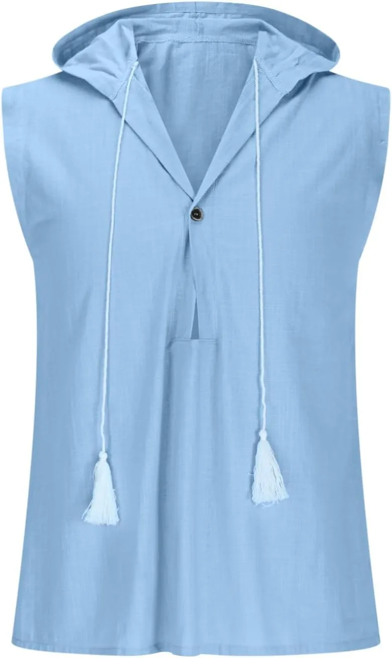 Men's Cotton Linen Tank Tops Hooded Drawstring Sleeveless Shirts Casual Button Down T-Shirts Summer Boho Beach Tanks