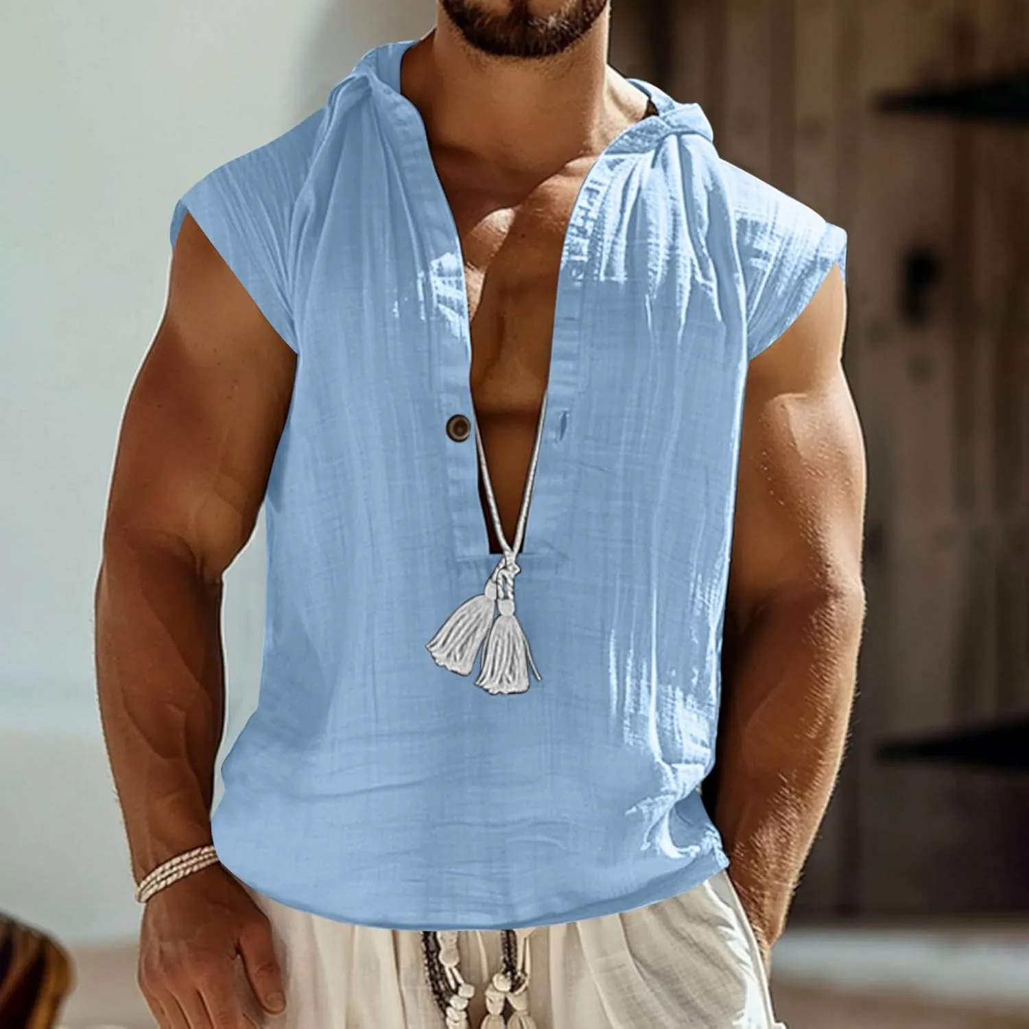 Men's Cotton Linen Tank Tops Hooded Drawstring Sleeveless Shirts Casual Button Down T-Shirts Summer Boho Beach Tanks