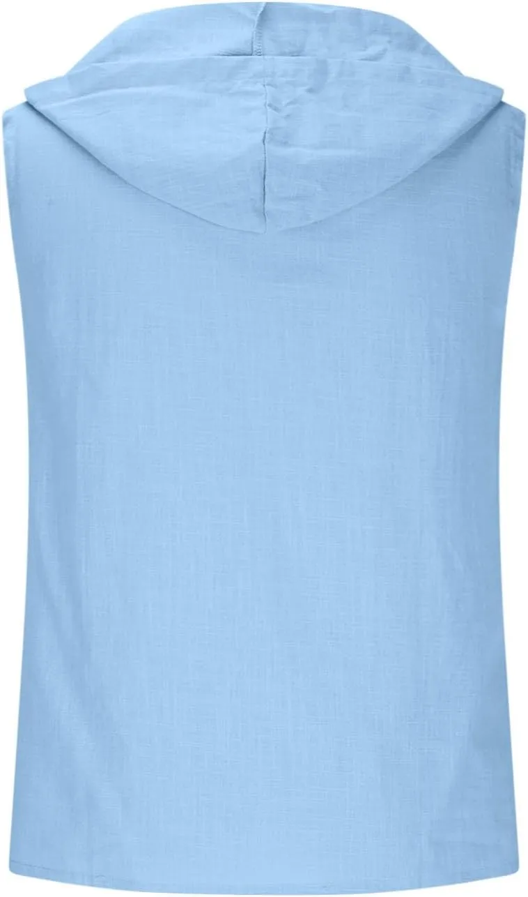 Men's Cotton Linen Tank Tops Hooded Drawstring Sleeveless Shirts Casual Button Down T-Shirts Summer Boho Beach Tanks