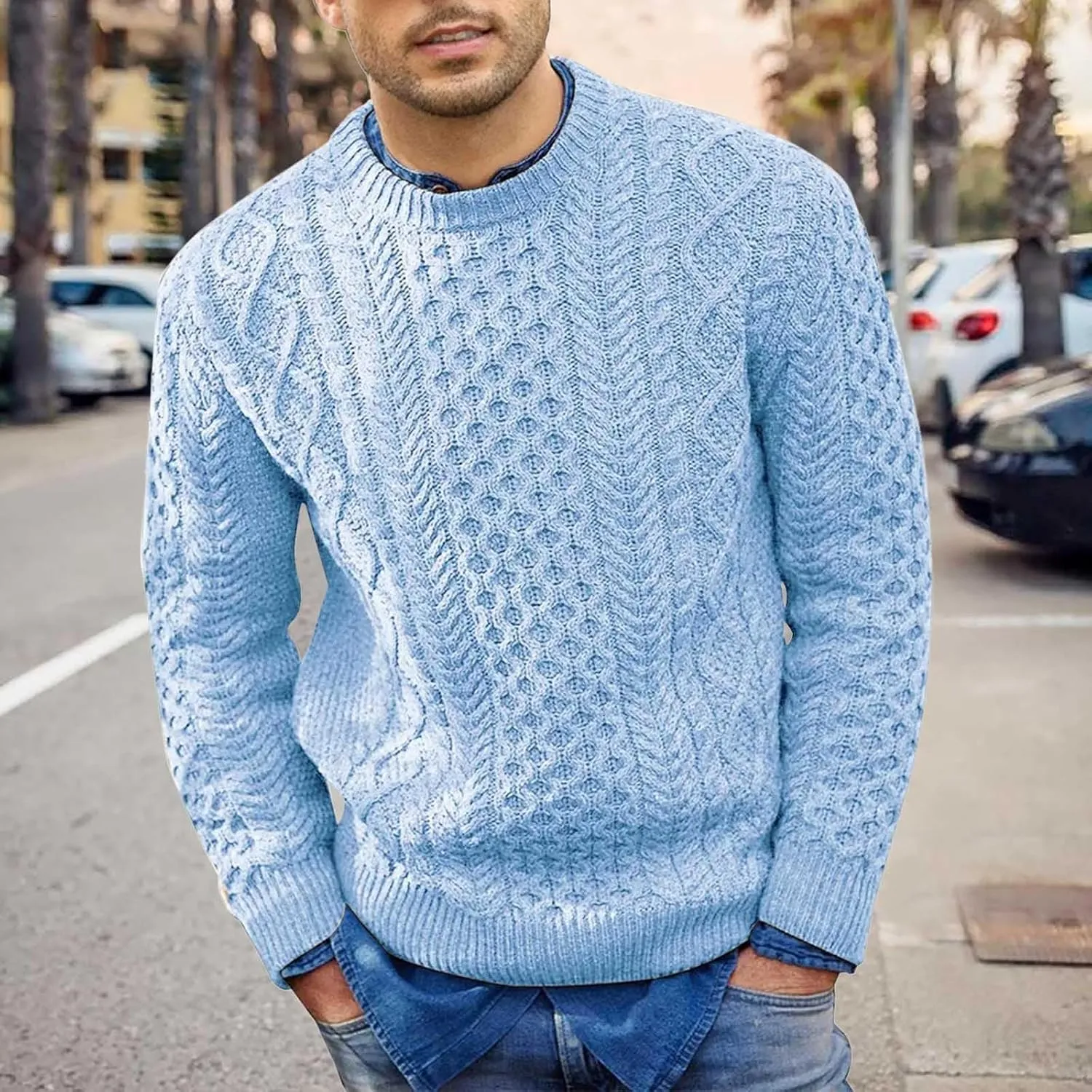 Men's Crewneck Pullover Sweater Chunky Cable Knit Sweater Classic Casual Sweaters Textured Sweater Tops