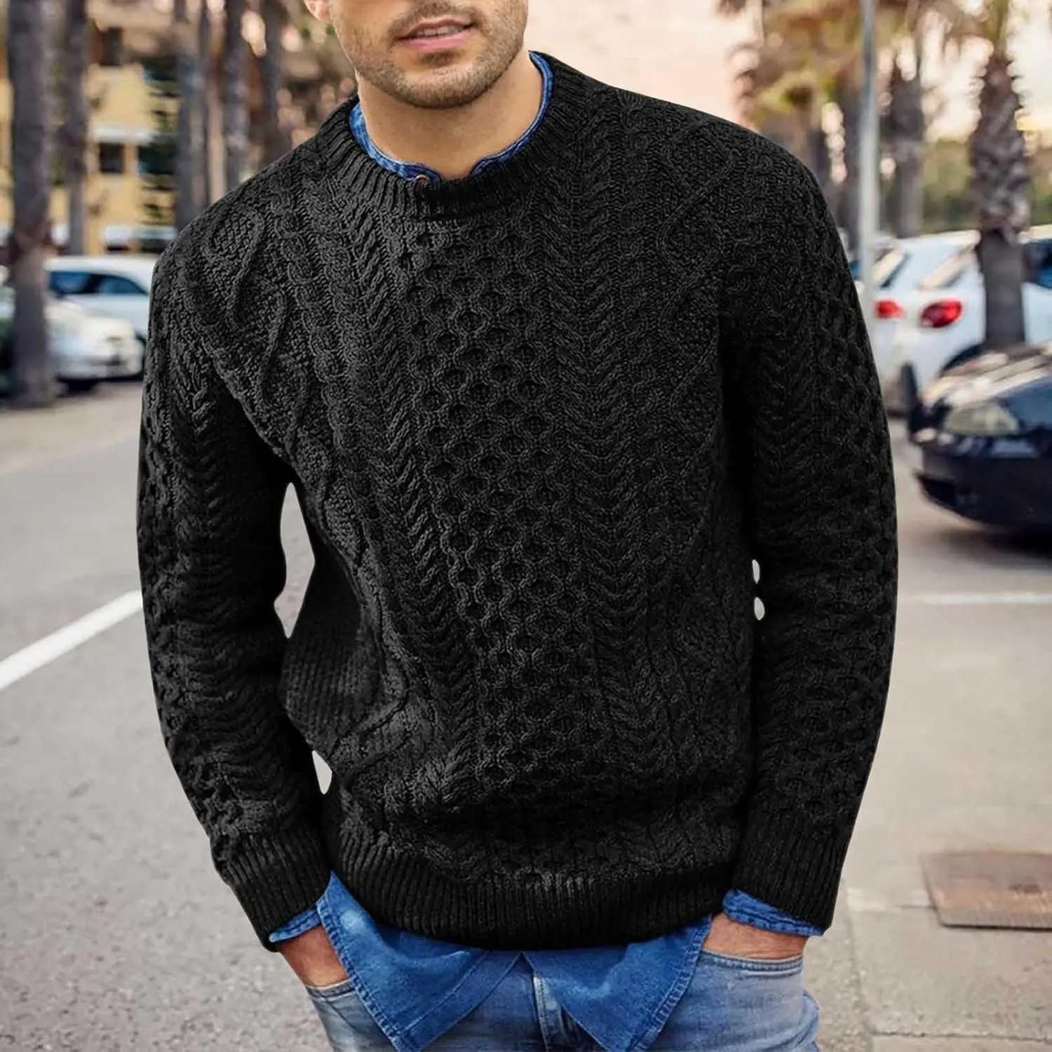 Men's Crewneck Pullover Sweater Chunky Cable Knit Sweater Classic Casual Sweaters Textured Sweater Tops