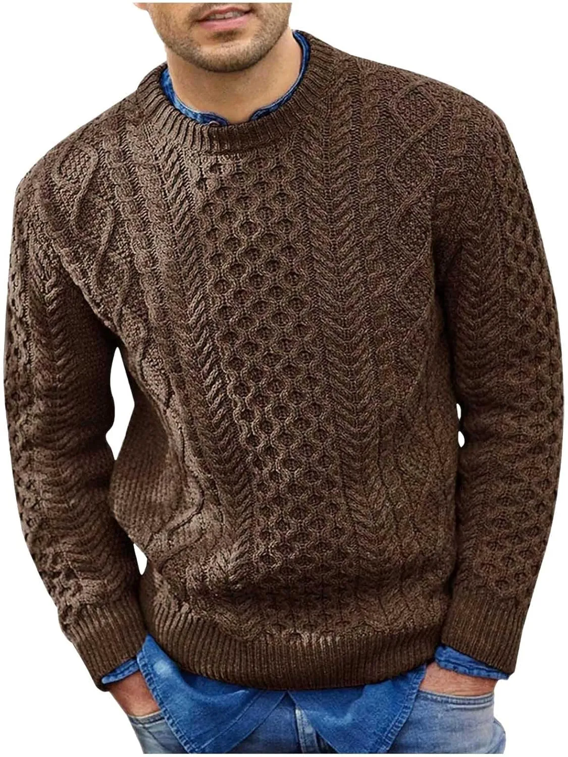 Men's Crewneck Pullover Sweater Chunky Cable Knit Sweater Classic Casual Sweaters Textured Sweater Tops
