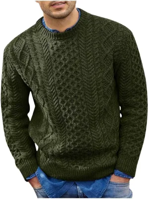 Men's Crewneck Pullover Sweater Chunky Cable Knit Sweater Classic Casual Sweaters Textured Sweater Tops