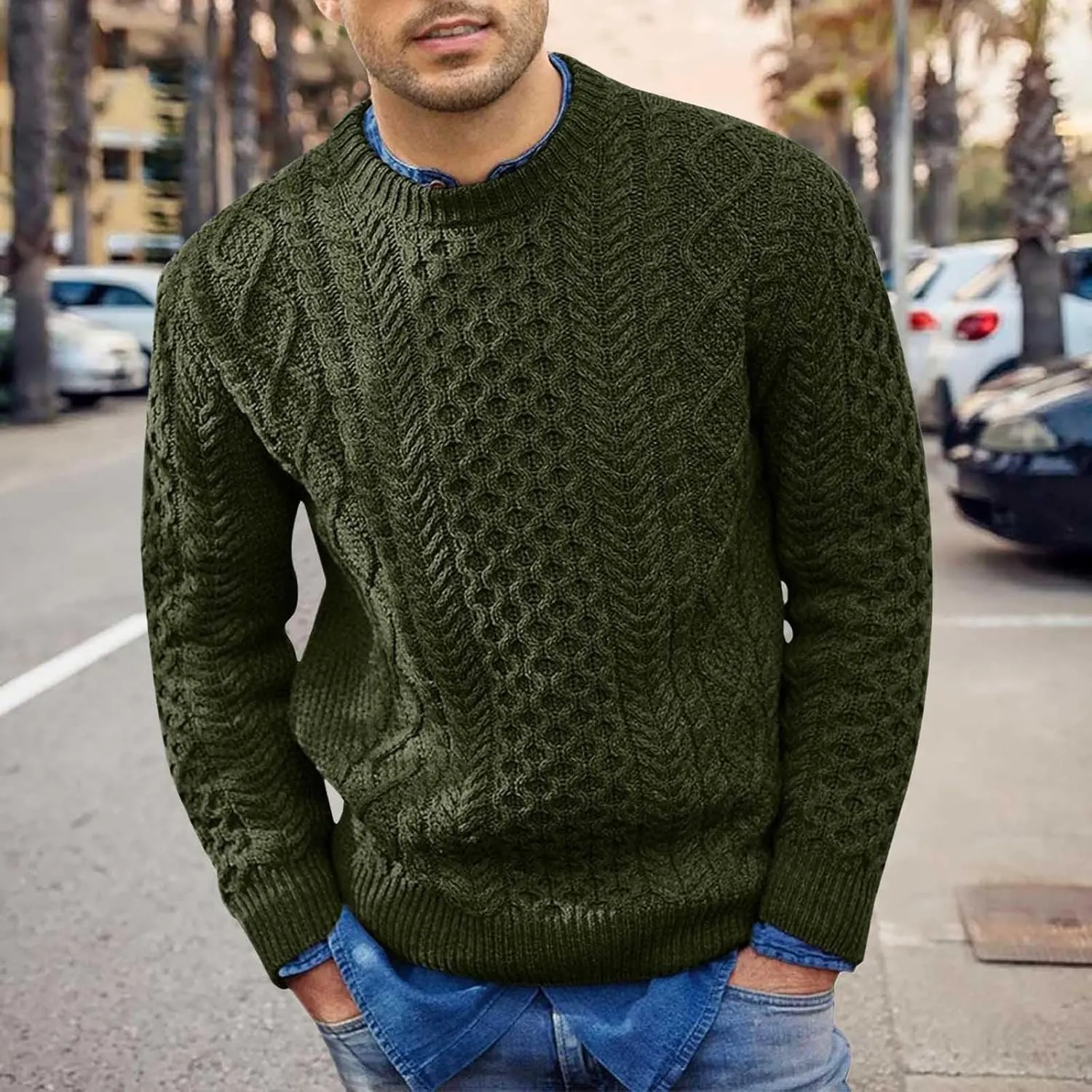 Men's Crewneck Pullover Sweater Chunky Cable Knit Sweater Classic Casual Sweaters Textured Sweater Tops