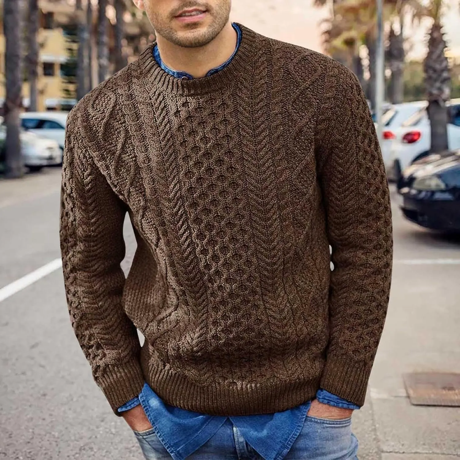 Men's Crewneck Pullover Sweater Chunky Cable Knit Sweater Classic Casual Sweaters Textured Sweater Tops