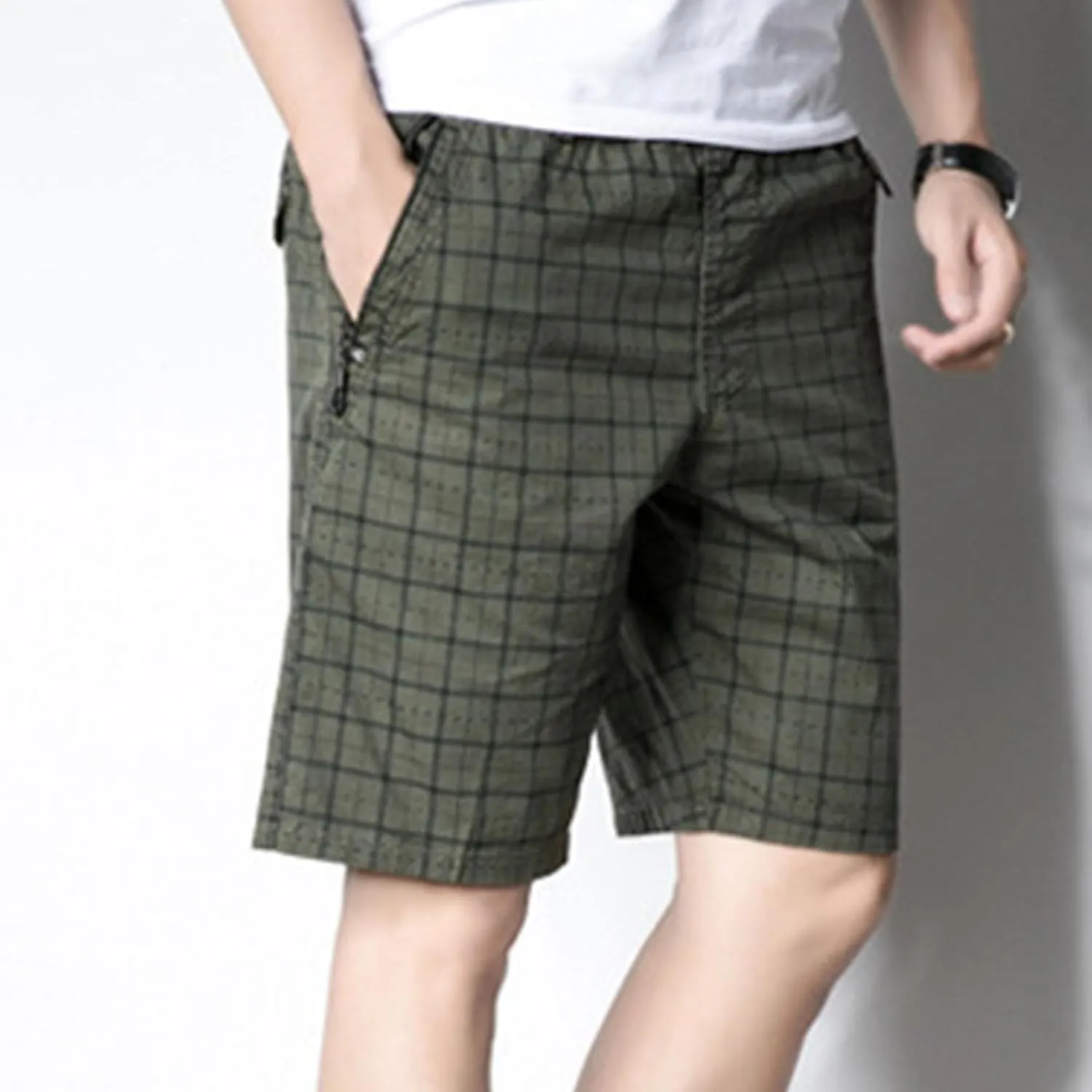 Men's Fashion Checked Zipper Pockets Shorts Cotton Lounge Plaid Jogger Shorts Flat Front Casual Shorts Pants