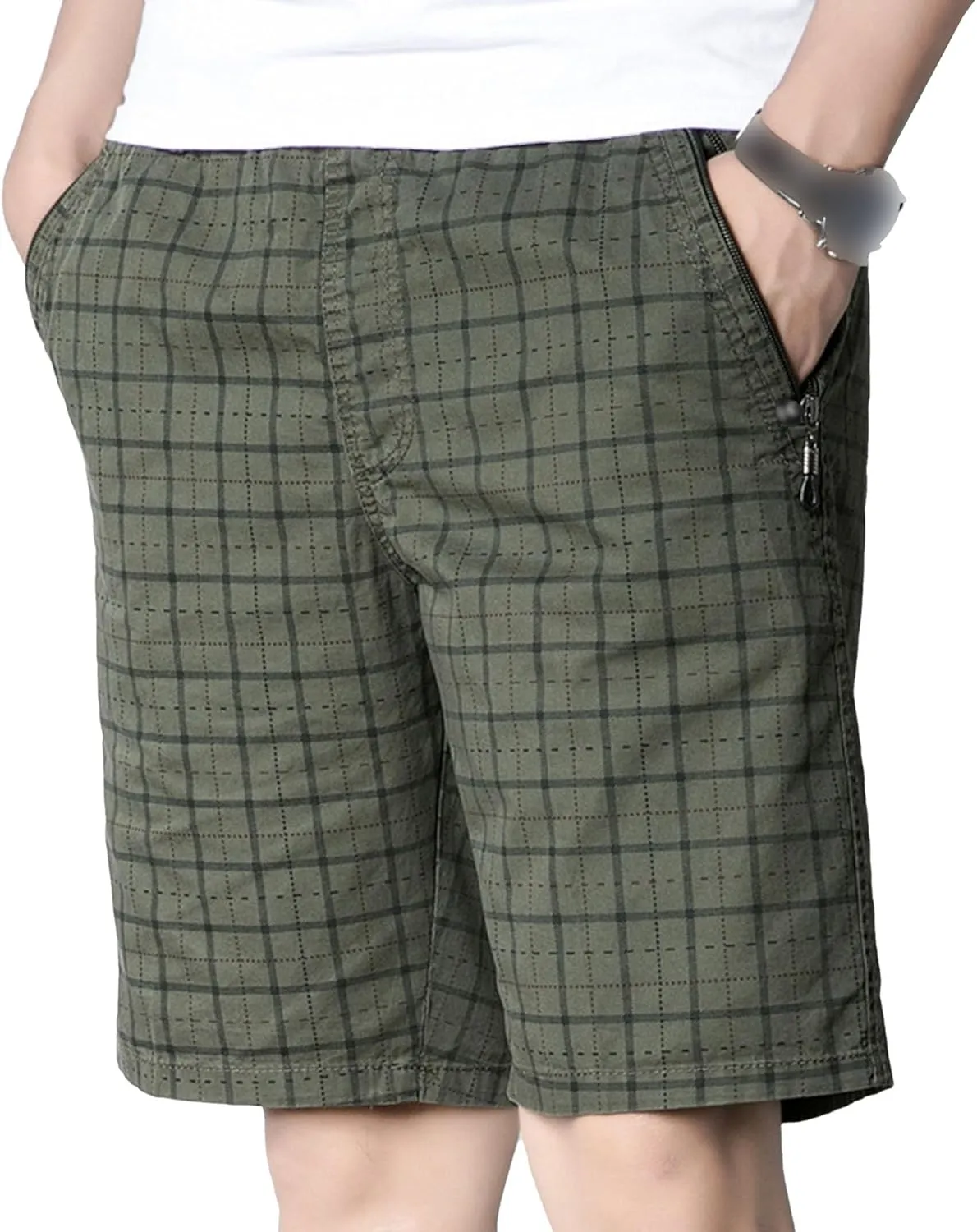 Men's Fashion Checked Zipper Pockets Shorts Cotton Lounge Plaid Jogger Shorts Flat Front Casual Shorts Pants