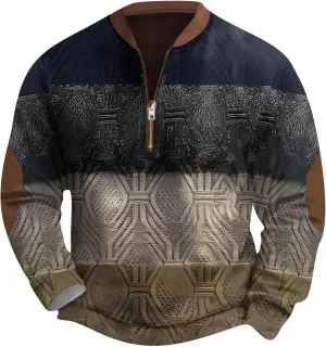 Men's Half Zip Pullover Vintage Long Sleeve Sweatshirt Elbow Patch Sweatshirt Fashion Hoodless Western Top