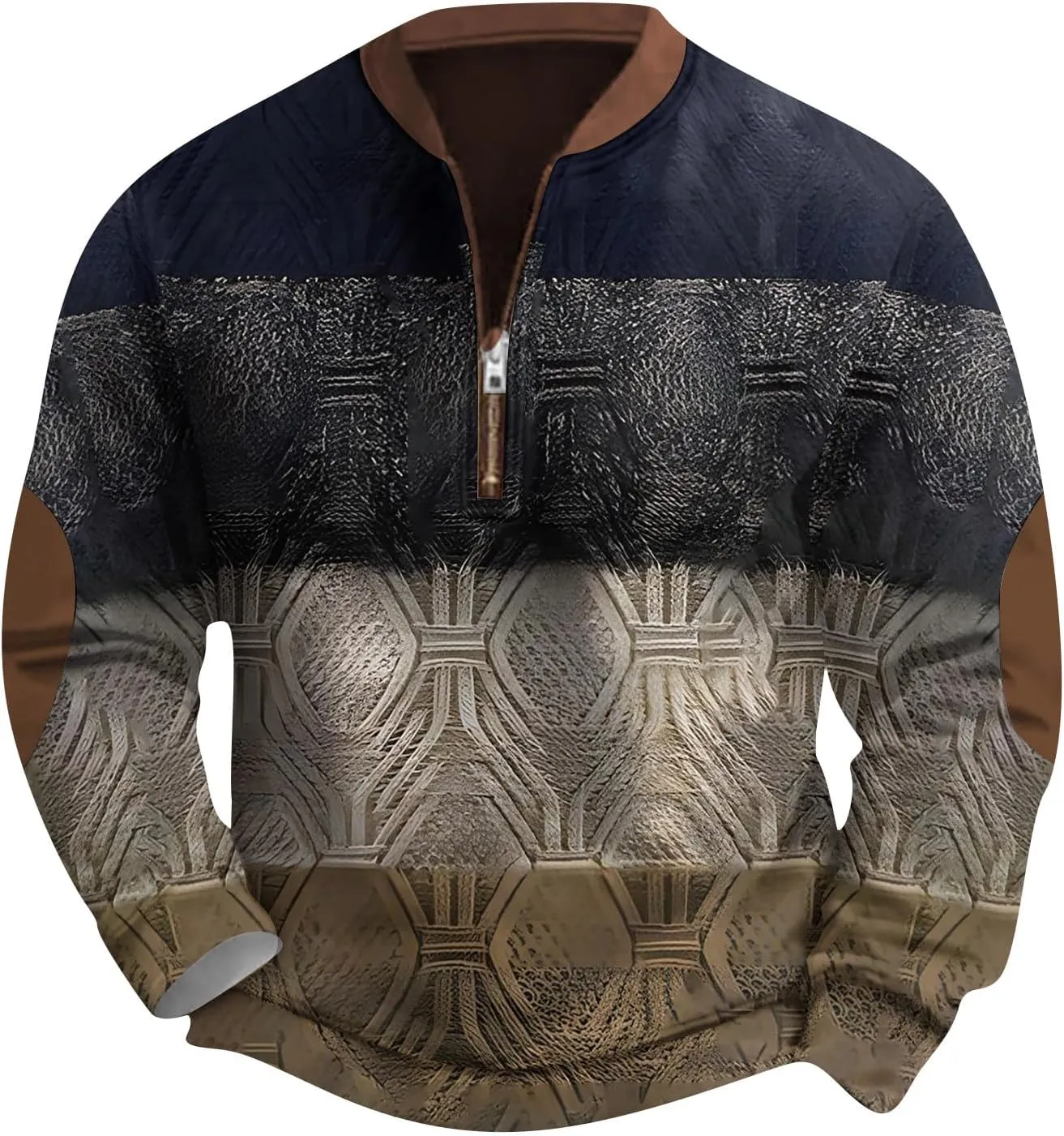 Men's Half Zip Pullover Vintage Long Sleeve Sweatshirt Elbow Patch Sweatshirt Fashion Hoodless Western Top