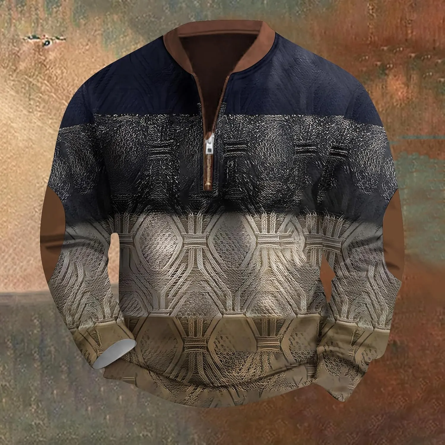 Men's Half Zip Pullover Vintage Long Sleeve Sweatshirt Elbow Patch Sweatshirt Fashion Hoodless Western Top