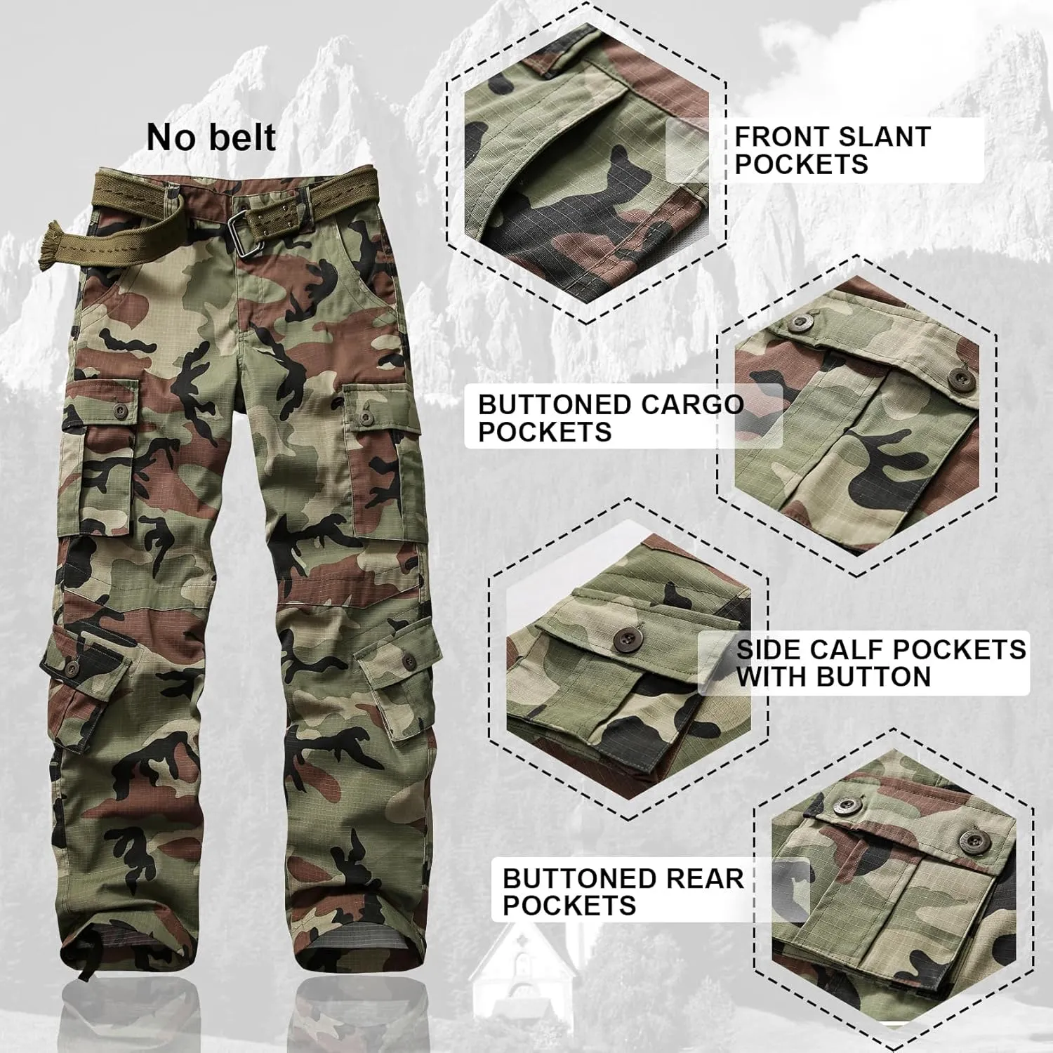 Men's Hiking Pants Waterproof Camo Work Cargo Pants Relaxed Fit Ripstop Tactical Pants with 8 Pockets No Belt