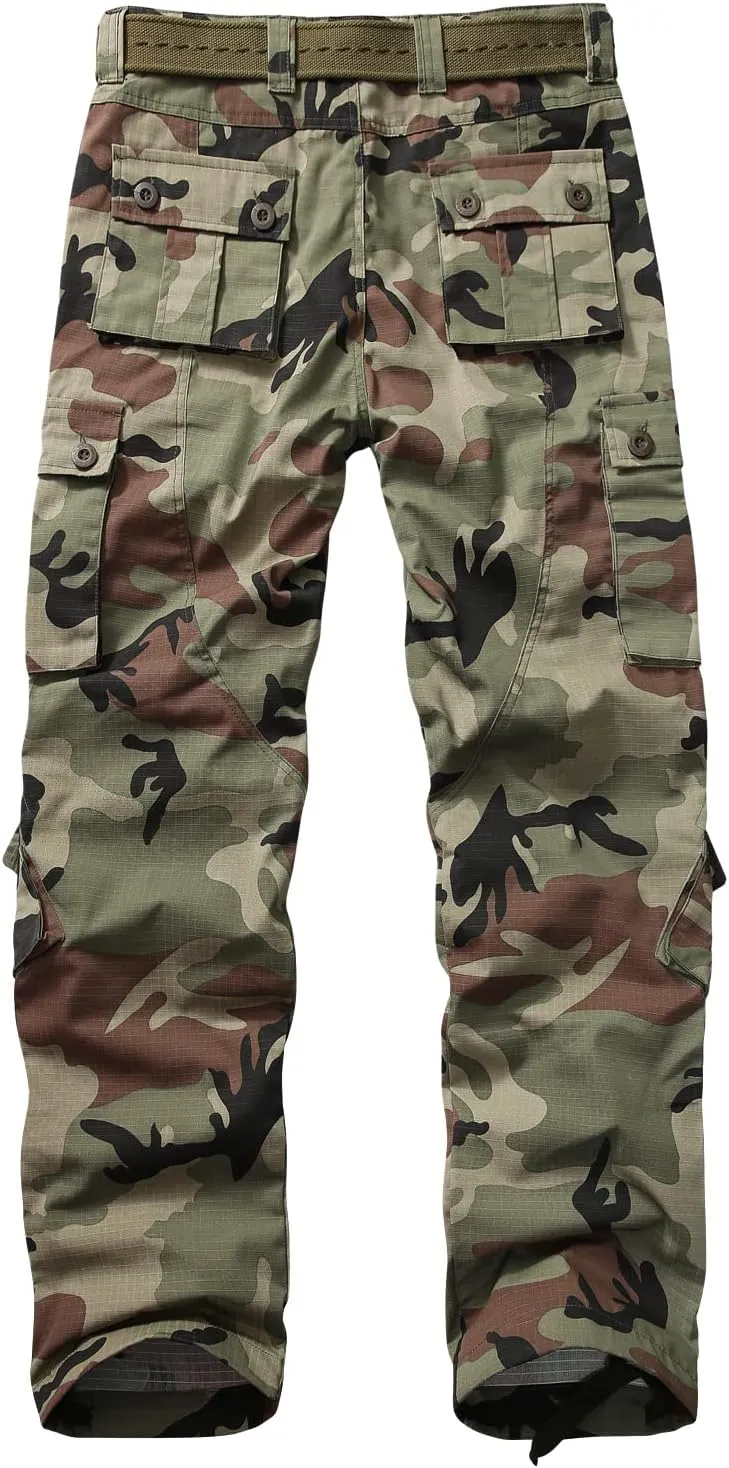 Men's Hiking Pants Waterproof Camo Work Cargo Pants Relaxed Fit Ripstop Tactical Pants with 8 Pockets No Belt