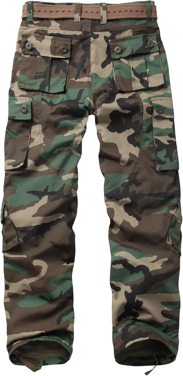 Men's Hiking Pants Waterproof Camo Work Cargo Pants Relaxed Fit Ripstop Tactical Pants with 8 Pockets No Belt