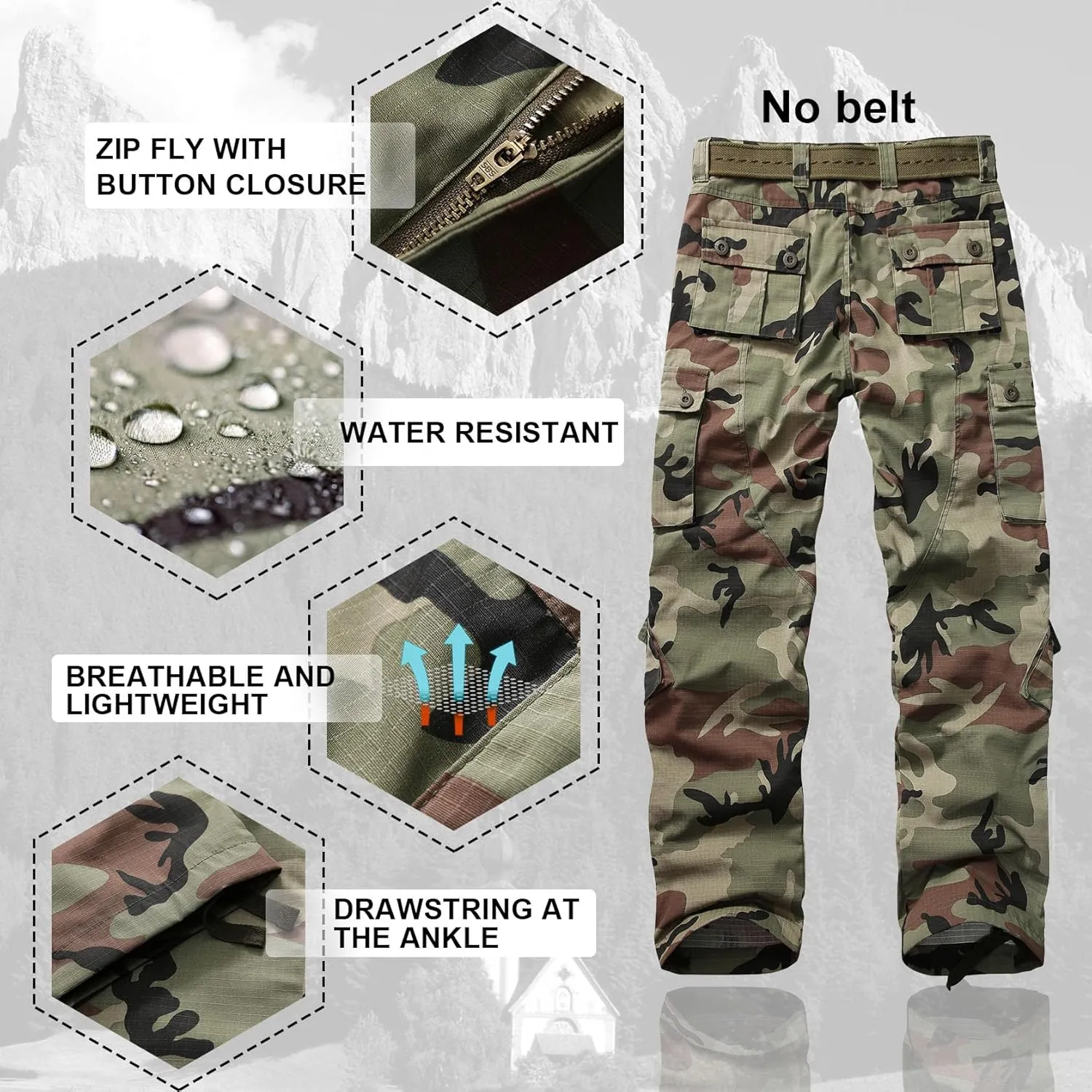 Men's Hiking Pants Waterproof Camo Work Cargo Pants Relaxed Fit Ripstop Tactical Pants with 8 Pockets No Belt