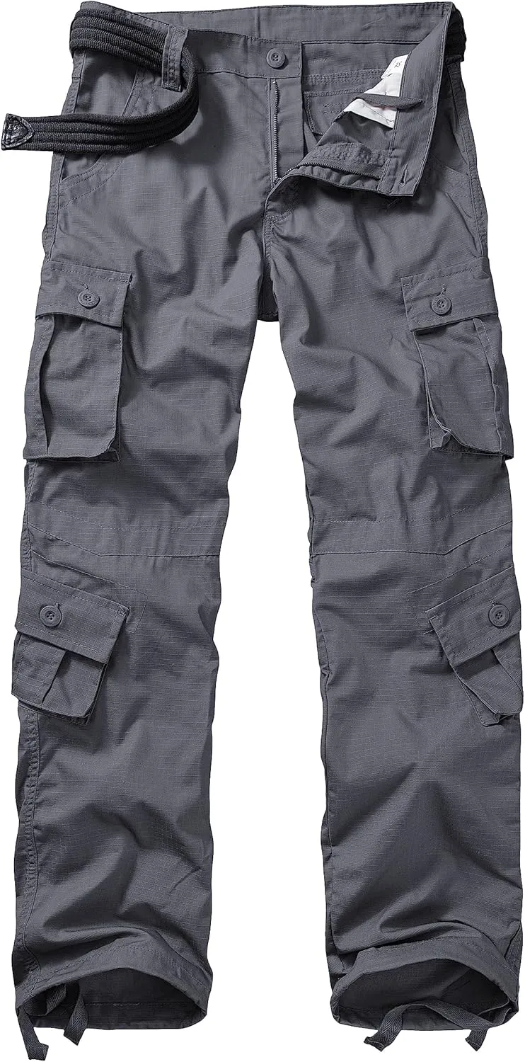 Men's Hiking Pants Waterproof Camo Work Cargo Pants Relaxed Fit Ripstop Tactical Pants with 8 Pockets No Belt