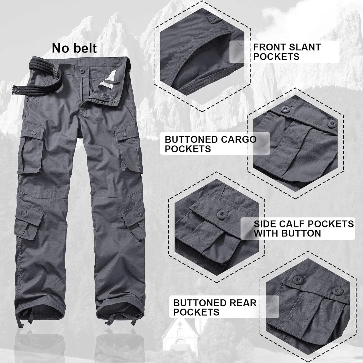 Men's Hiking Pants Waterproof Camo Work Cargo Pants Relaxed Fit Ripstop Tactical Pants with 8 Pockets No Belt