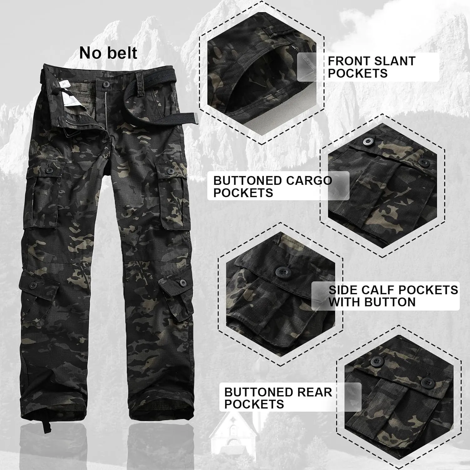 Men's Hiking Pants Waterproof Camo Work Cargo Pants Relaxed Fit Ripstop Tactical Pants with 8 Pockets No Belt