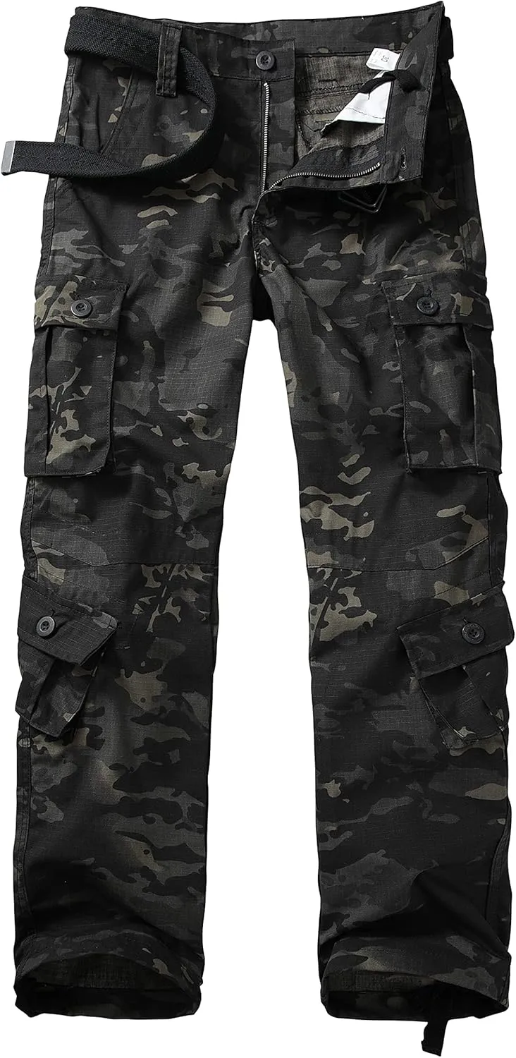 Men's Hiking Pants Waterproof Camo Work Cargo Pants Relaxed Fit Ripstop Tactical Pants with 8 Pockets No Belt