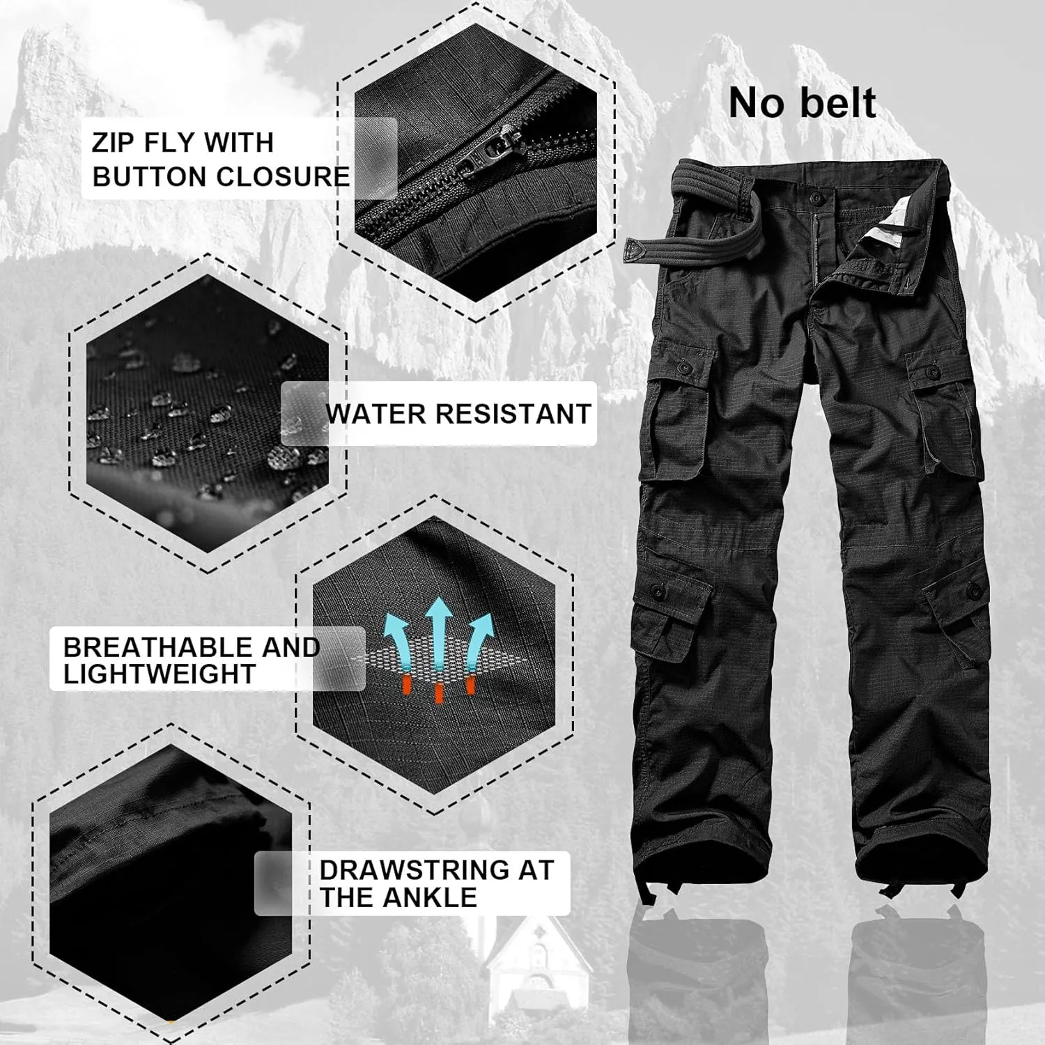 Men's Hiking Pants Waterproof Camo Work Cargo Pants Relaxed Fit Ripstop Tactical Pants with 8 Pockets No Belt