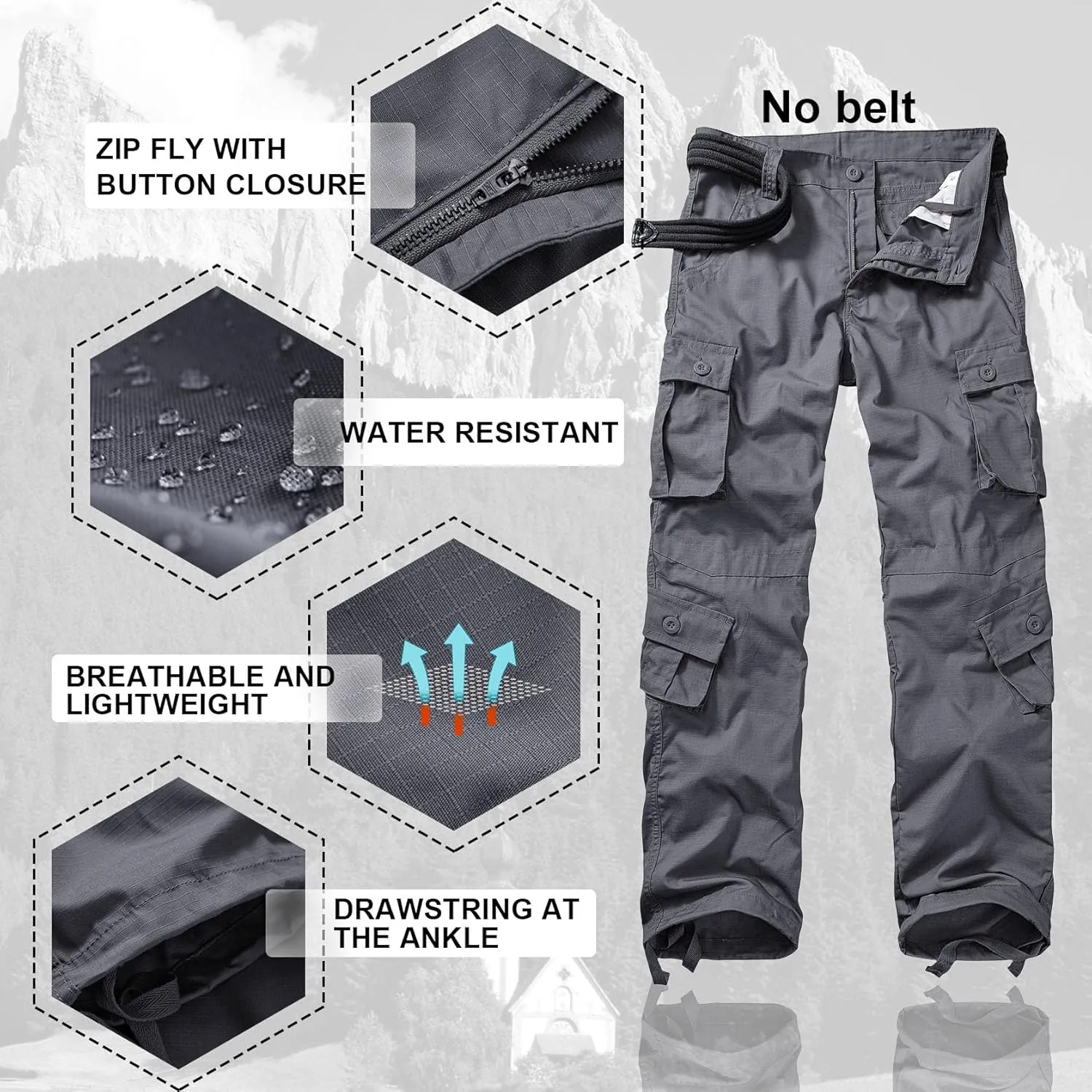 Men's Hiking Pants Waterproof Camo Work Cargo Pants Relaxed Fit Ripstop Tactical Pants with 8 Pockets No Belt